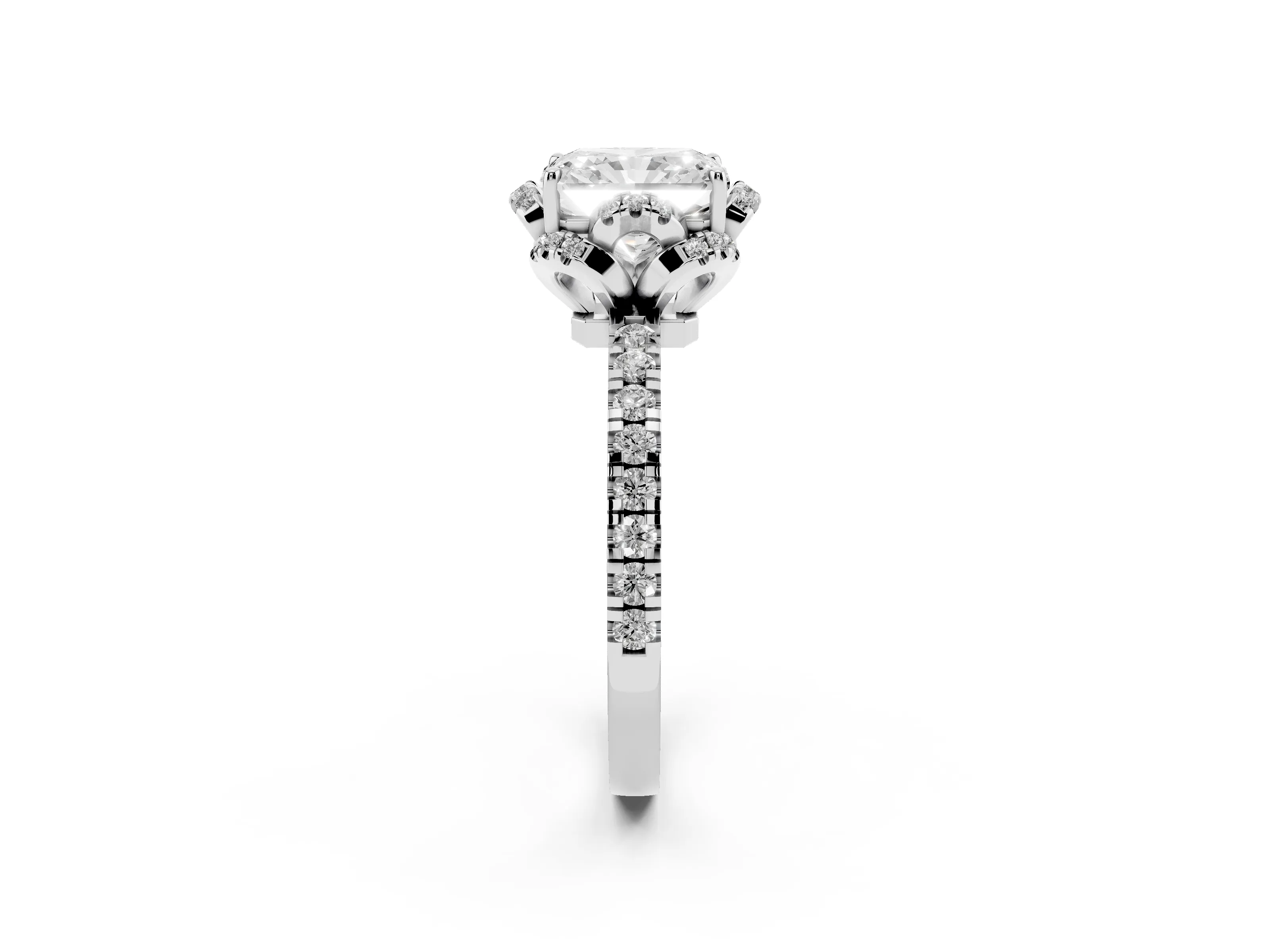 Radiant Cut Diamond Halo Pavé Band Ring Set in Platinum with Prong-Held Center