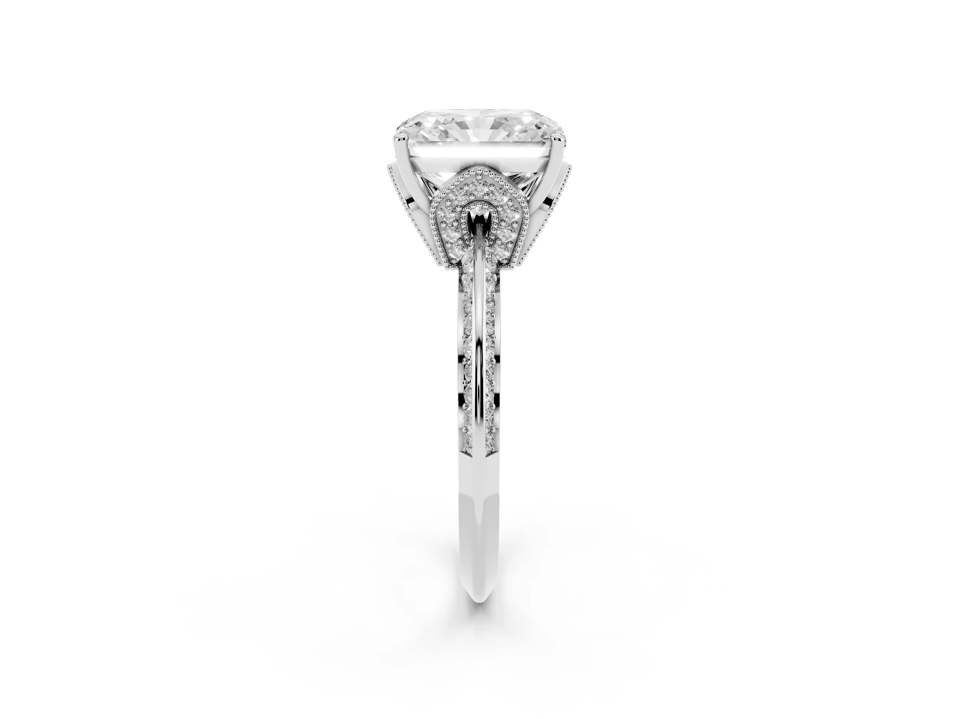Radiant Cut Diamond Solitaire Engagement Ring Set in Silver with Pavé Split Shank and Prong Setting