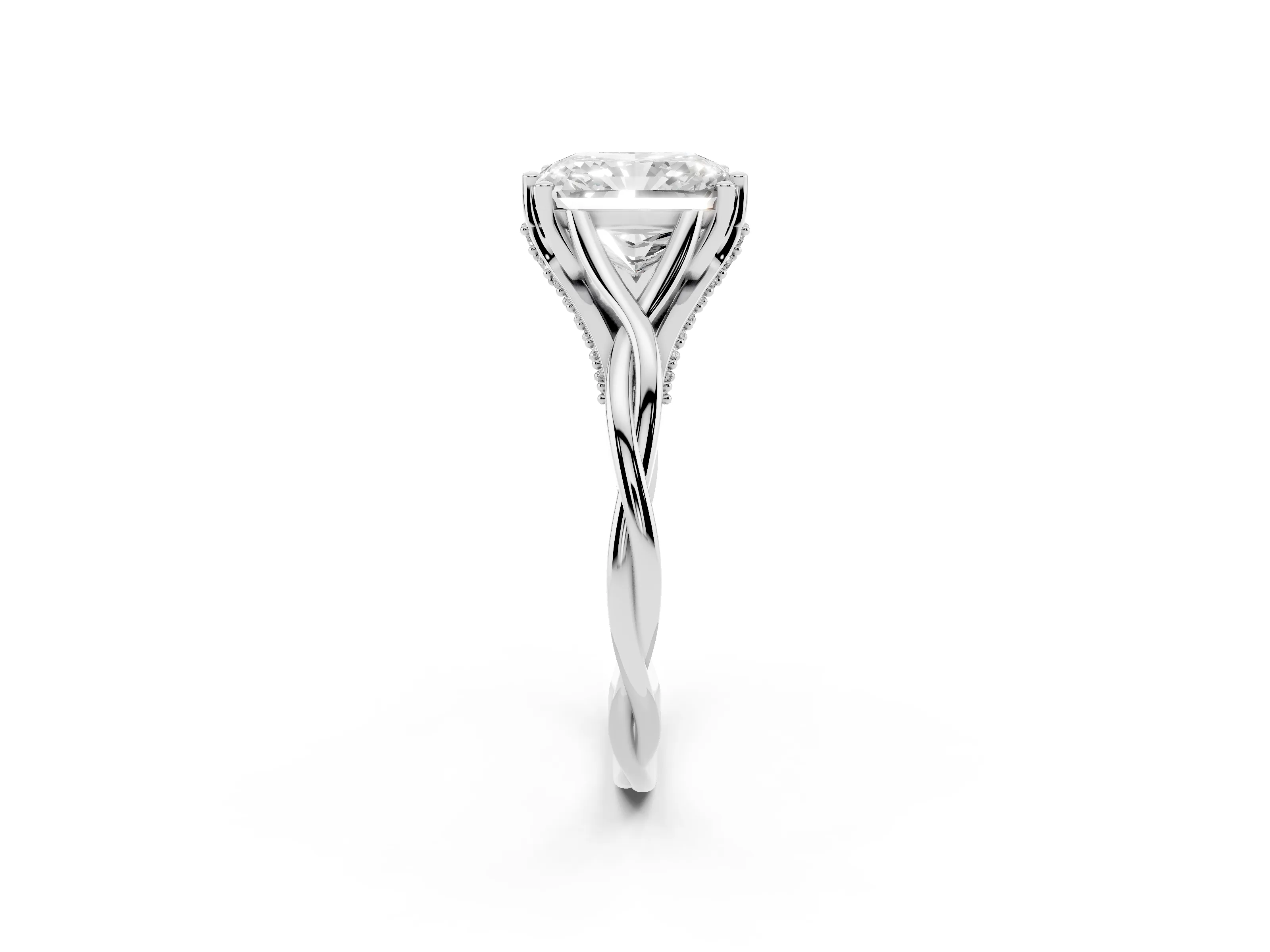 Radiant Cut Diamond Intertwined Twist Band Solitaire Ring Set in White gold with Prong Setting