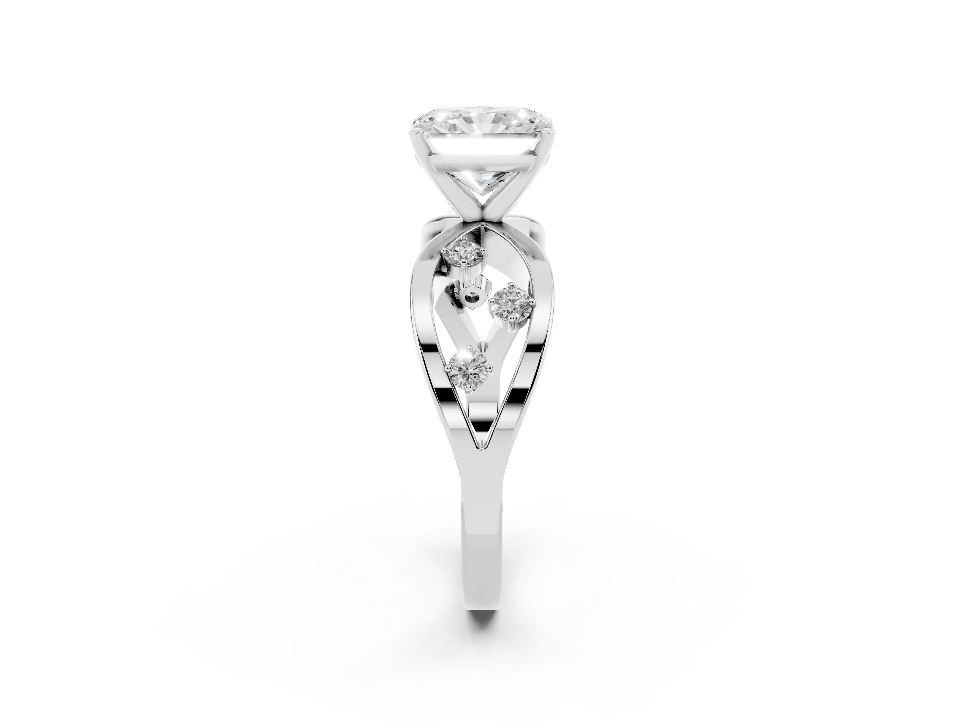 Radiant Cut Diamond Solitaire Ring Set in Platinum with Side Stones on Criss-Cross Band and Prong Setting