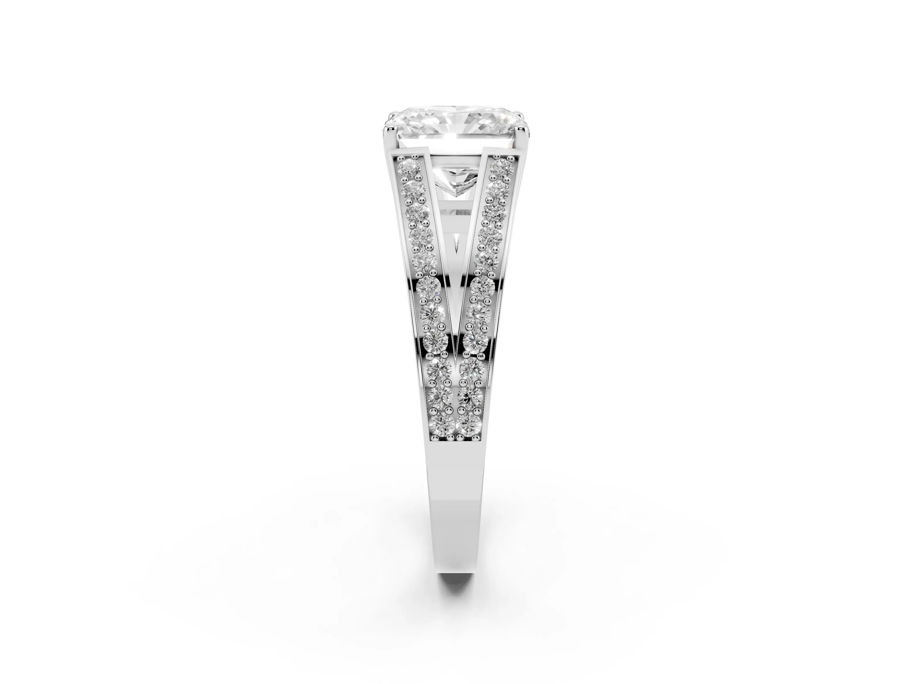 Radiant Cut Diamond Split Shank Ring Set in Silver with Pavé Band and Prong Setting