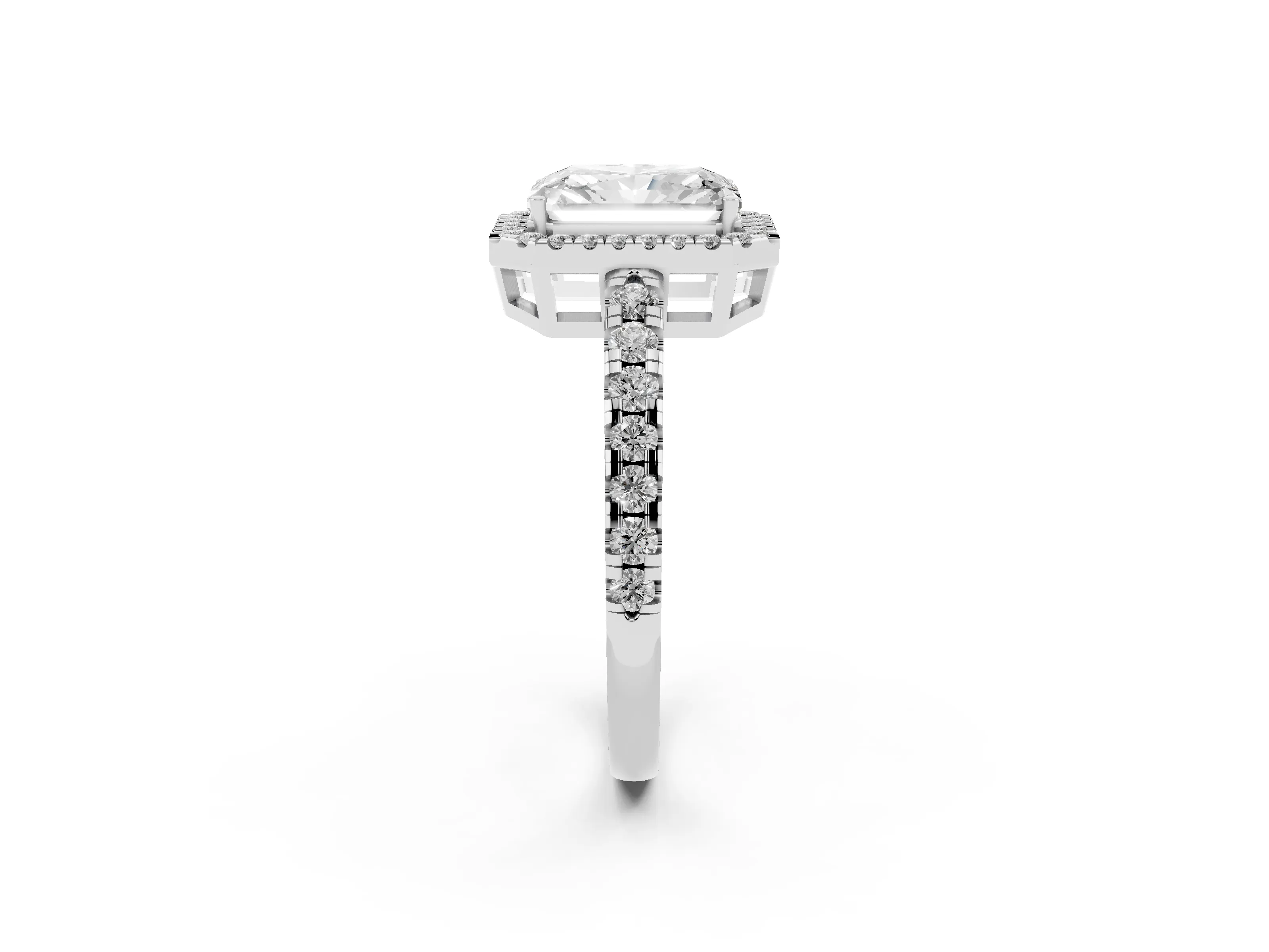 Radiant Cut Diamond Halo Ring Set in Silver with Delicate Pavé Band and Prong Setting