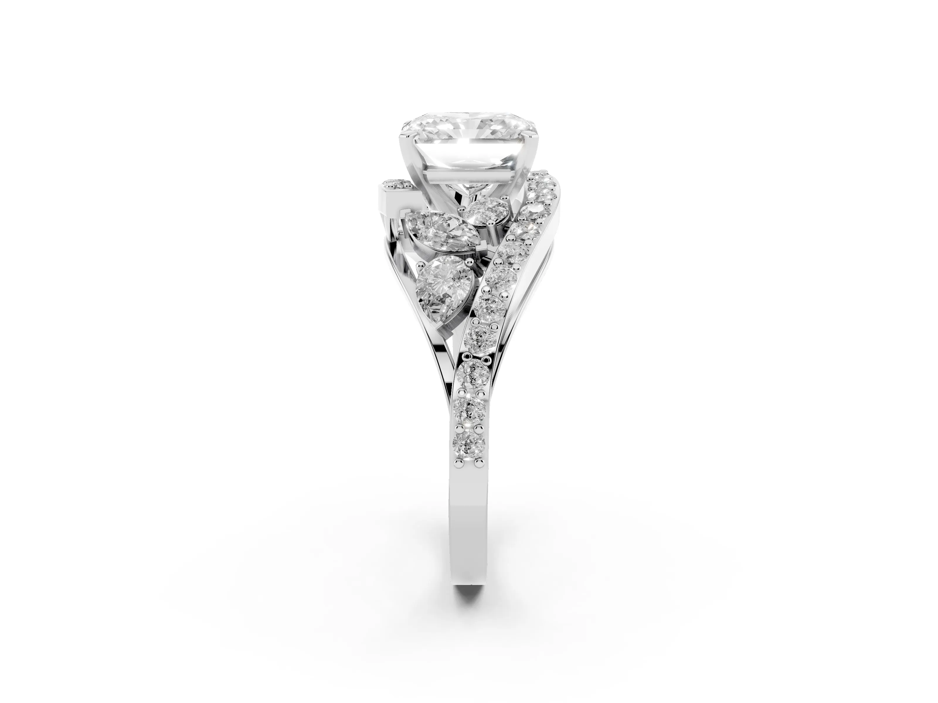 Radiant Cut Diamond Halo Ring Set in Platinum with Marquise and Pavé Band in Prong Setting
