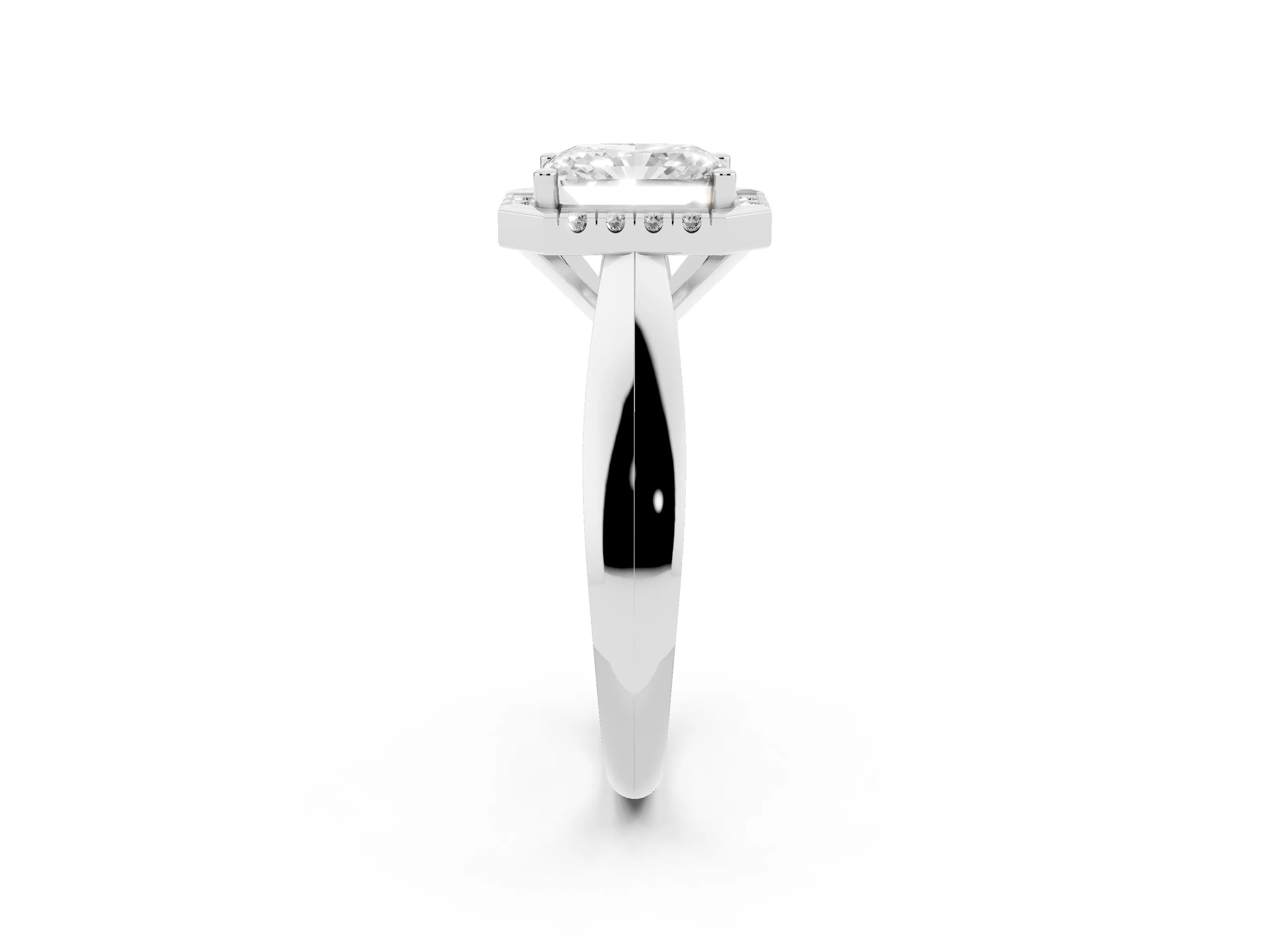 Radiant Cut Diamond Halo Solitaire Engagement Ring Set in White gold with Square Band and Prong Setting