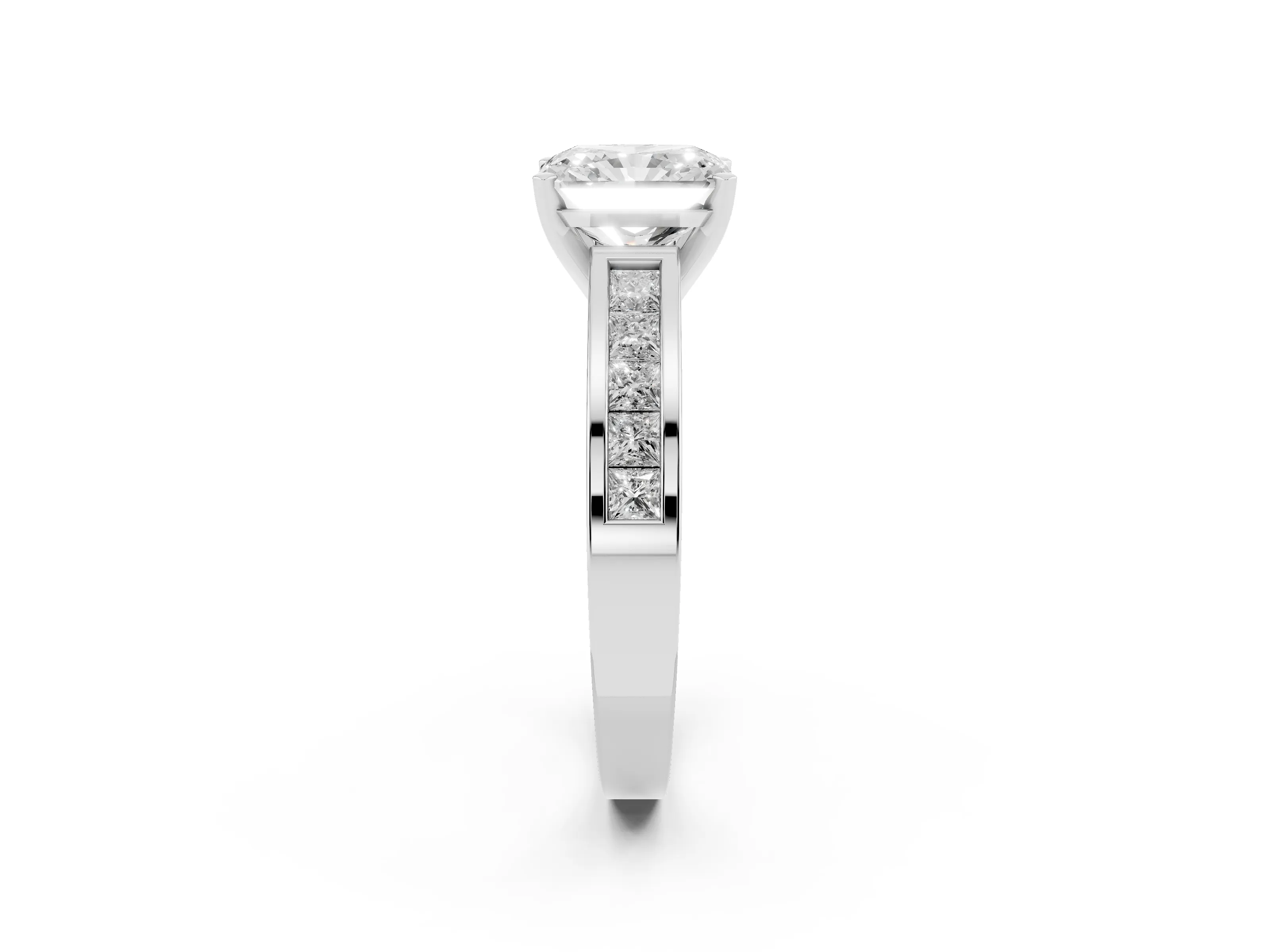 Radiant Cut Diamond Solitaire Ring Set in White gold with Channel-Set Band and Prong Setting