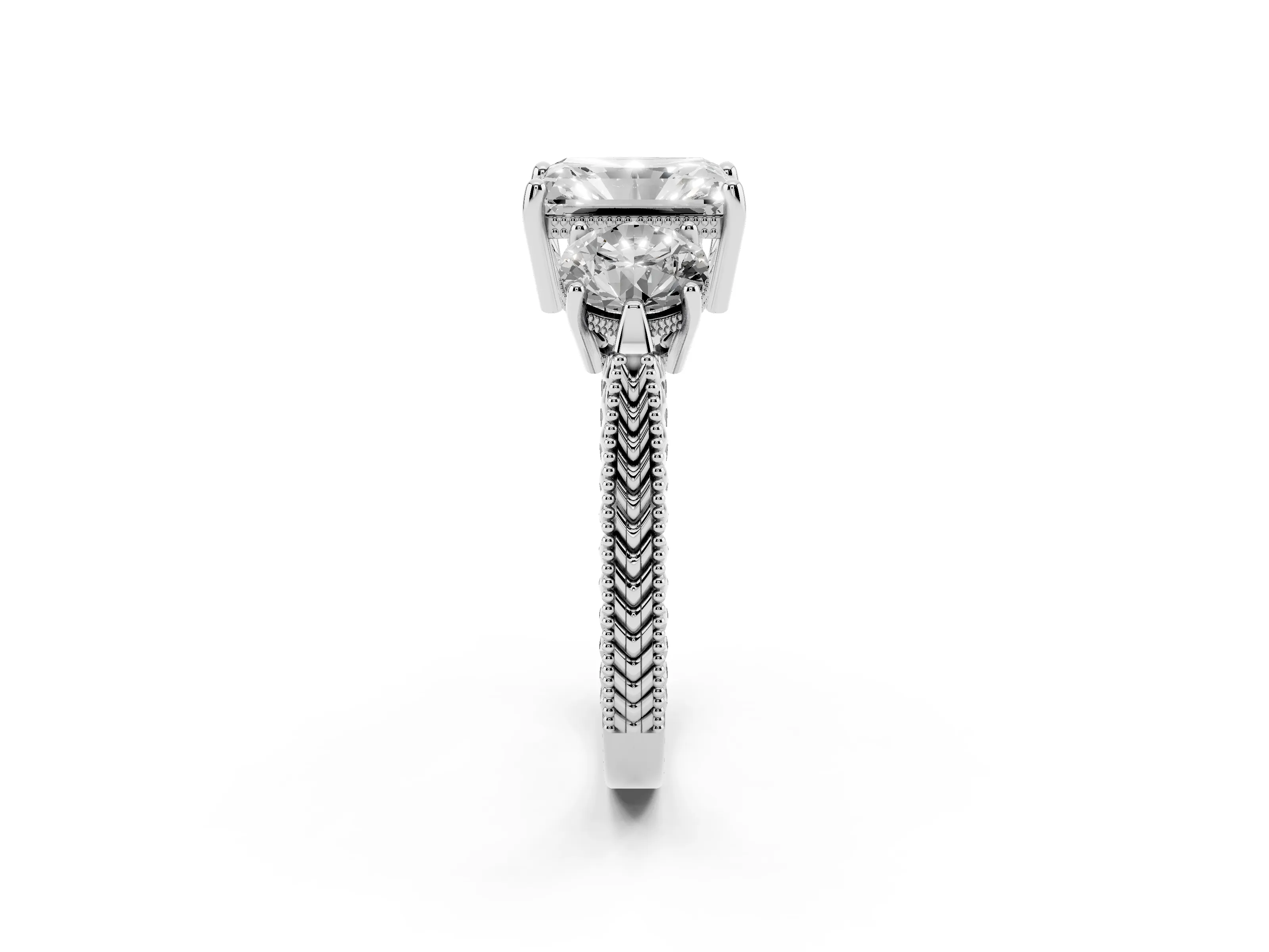 Radiant Cut Diamond Three-Stone Ring Set in Silver with Milgrain Band