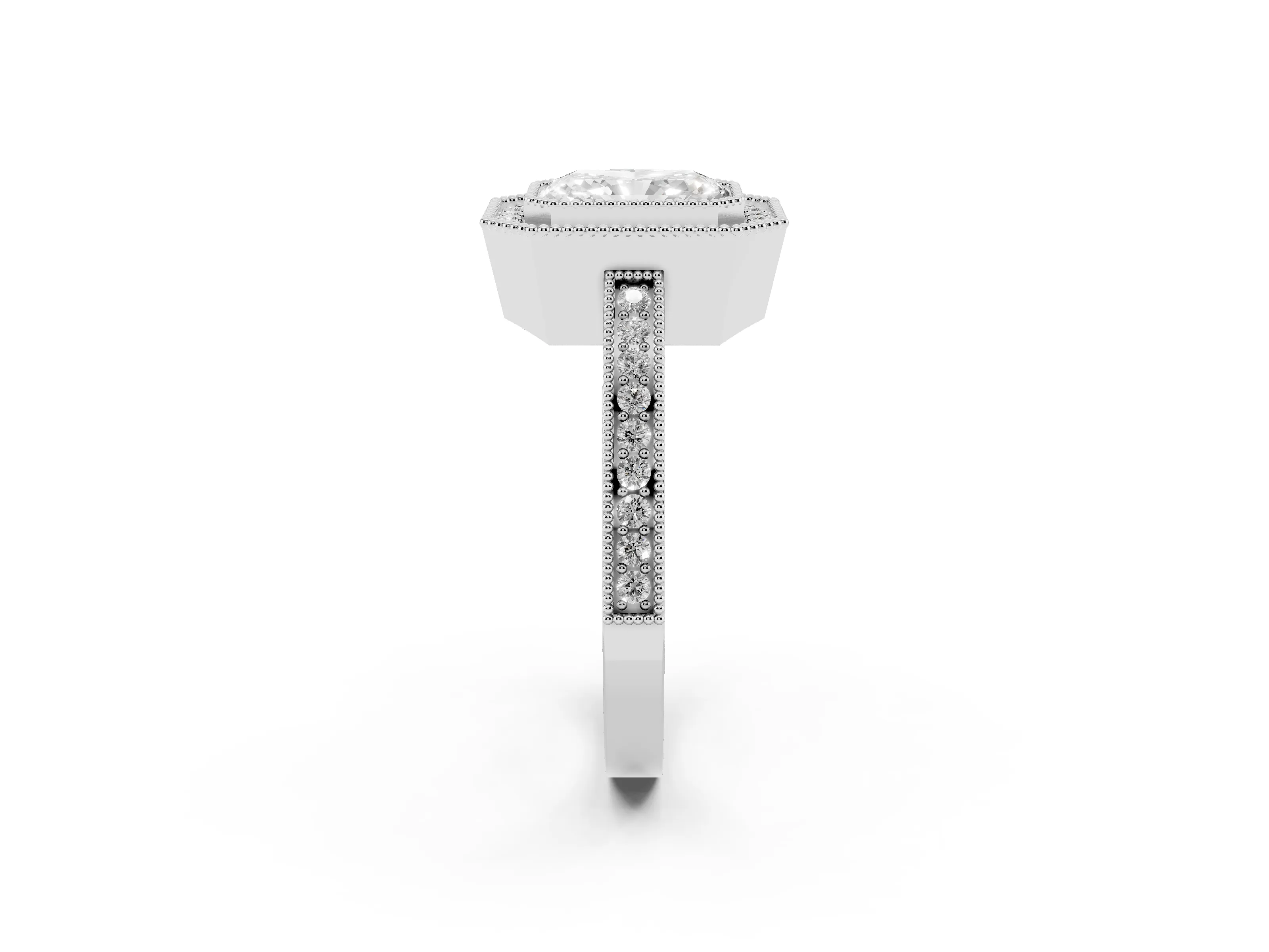 Radiant Cut Diamond Halo Ring Set in White gold with Pavé Band and Milgrain-Edged Prongs