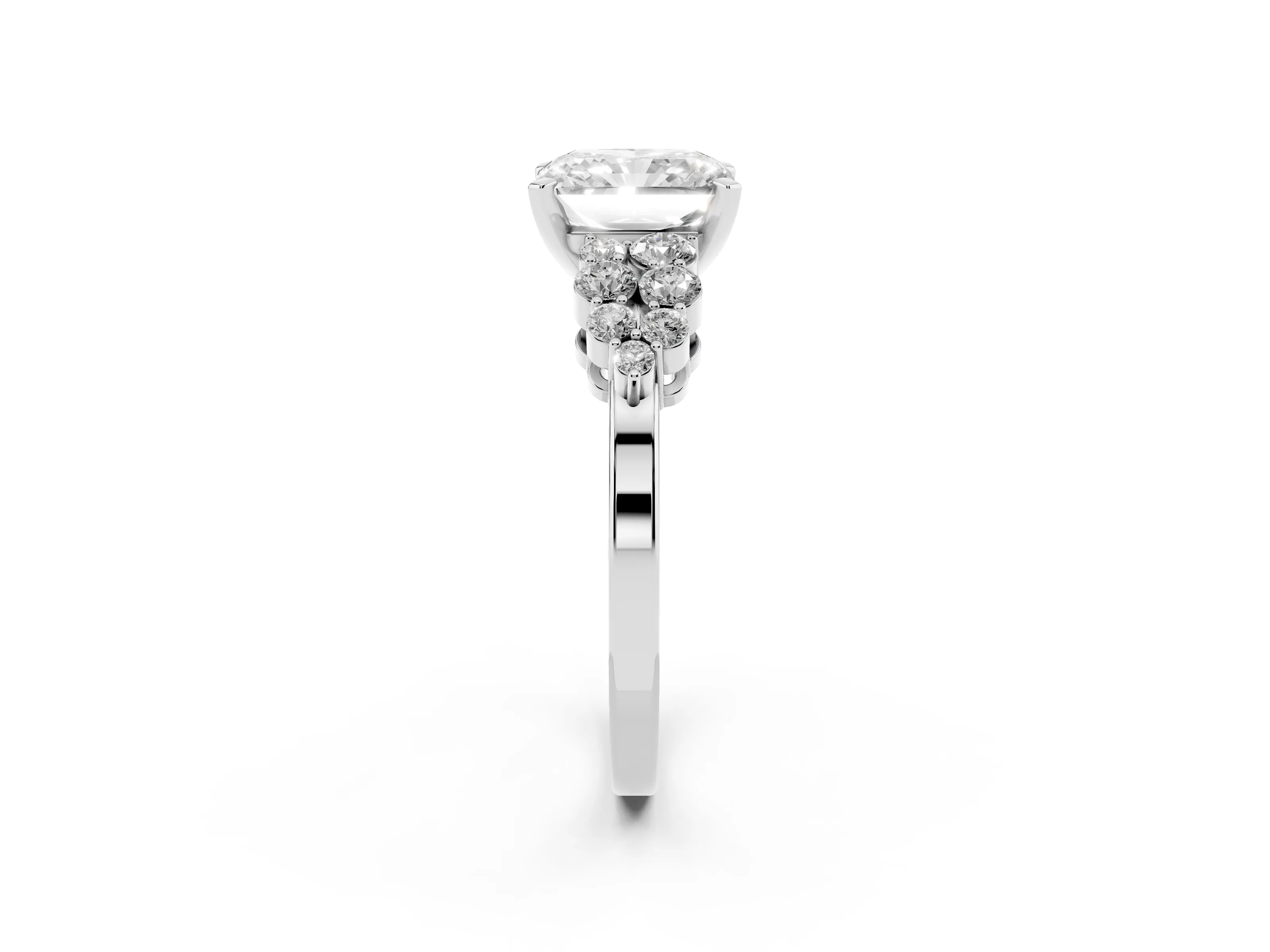 Radiant Cut Diamond Cluster Engagement Ring Set in Silver with Pavé Band and Prong Setting
