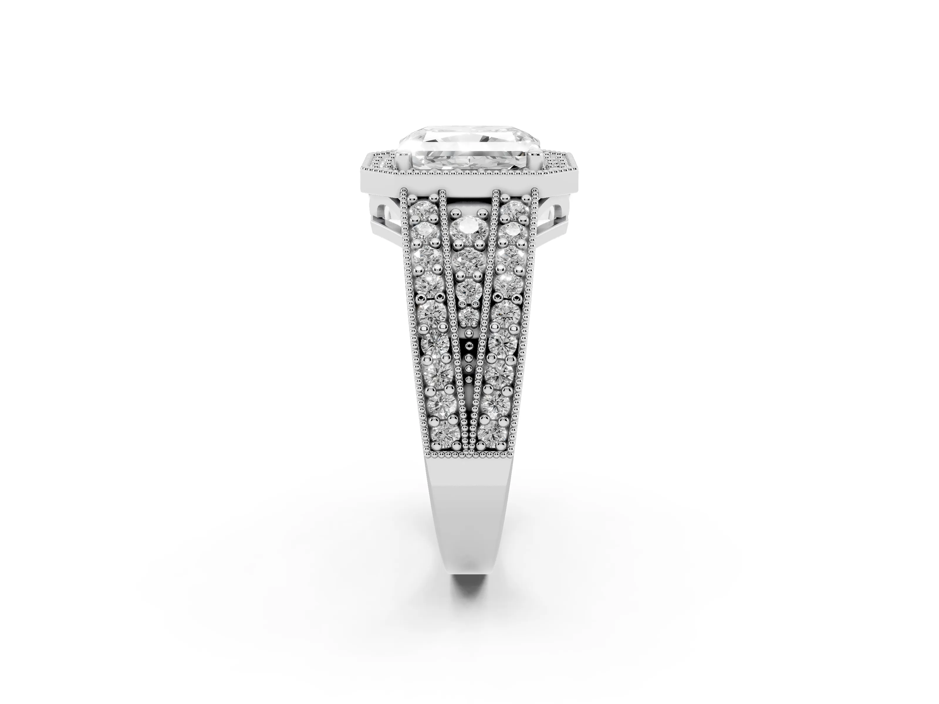 Radiant Cut Diamond Halo Ring Set in Silver with Accent Split Shank and Prong Setting