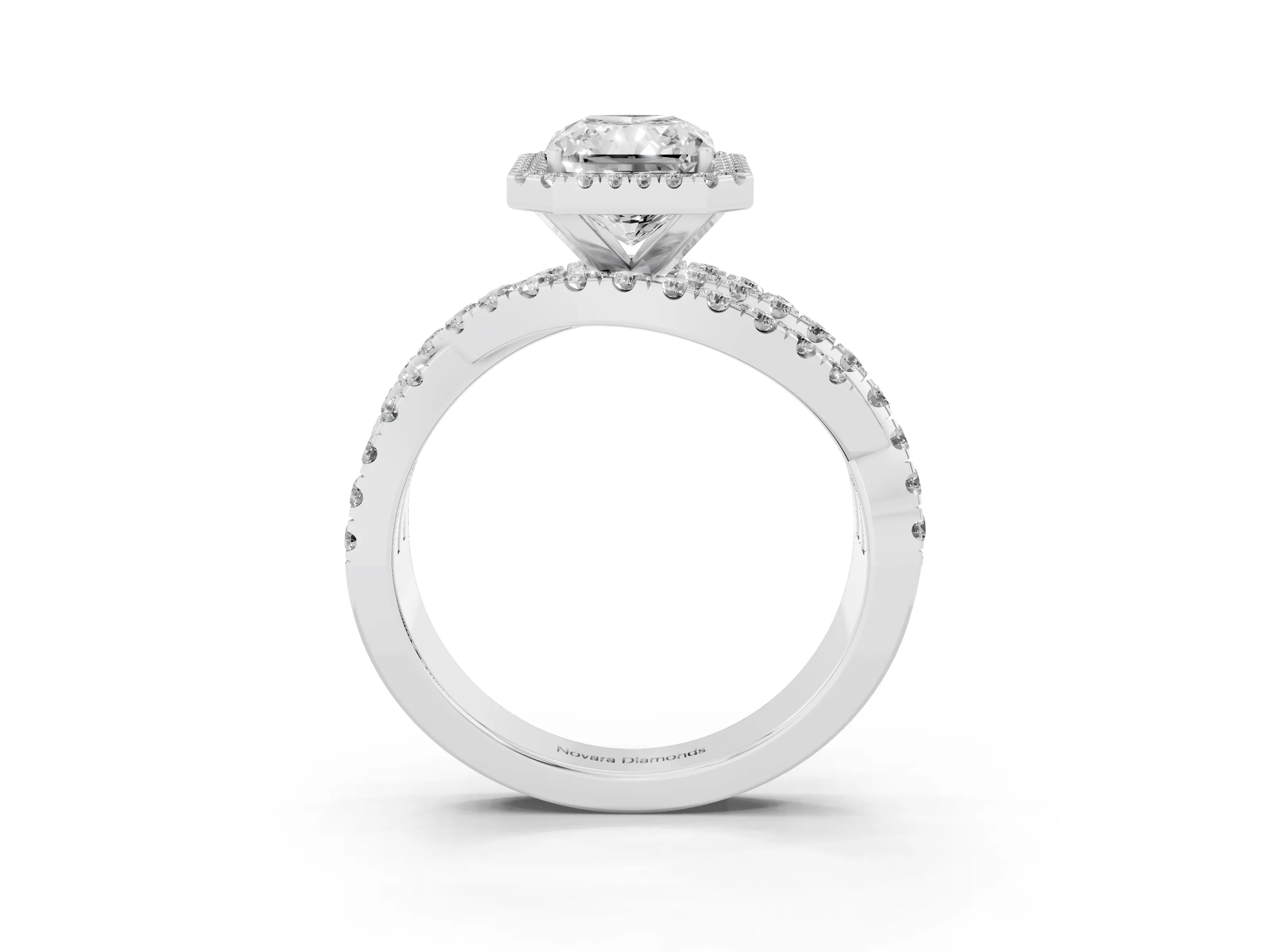 Radiant Cut Diamond Halo Ring Set in Platinum with Round Crossover Split Shank and Prong Setting