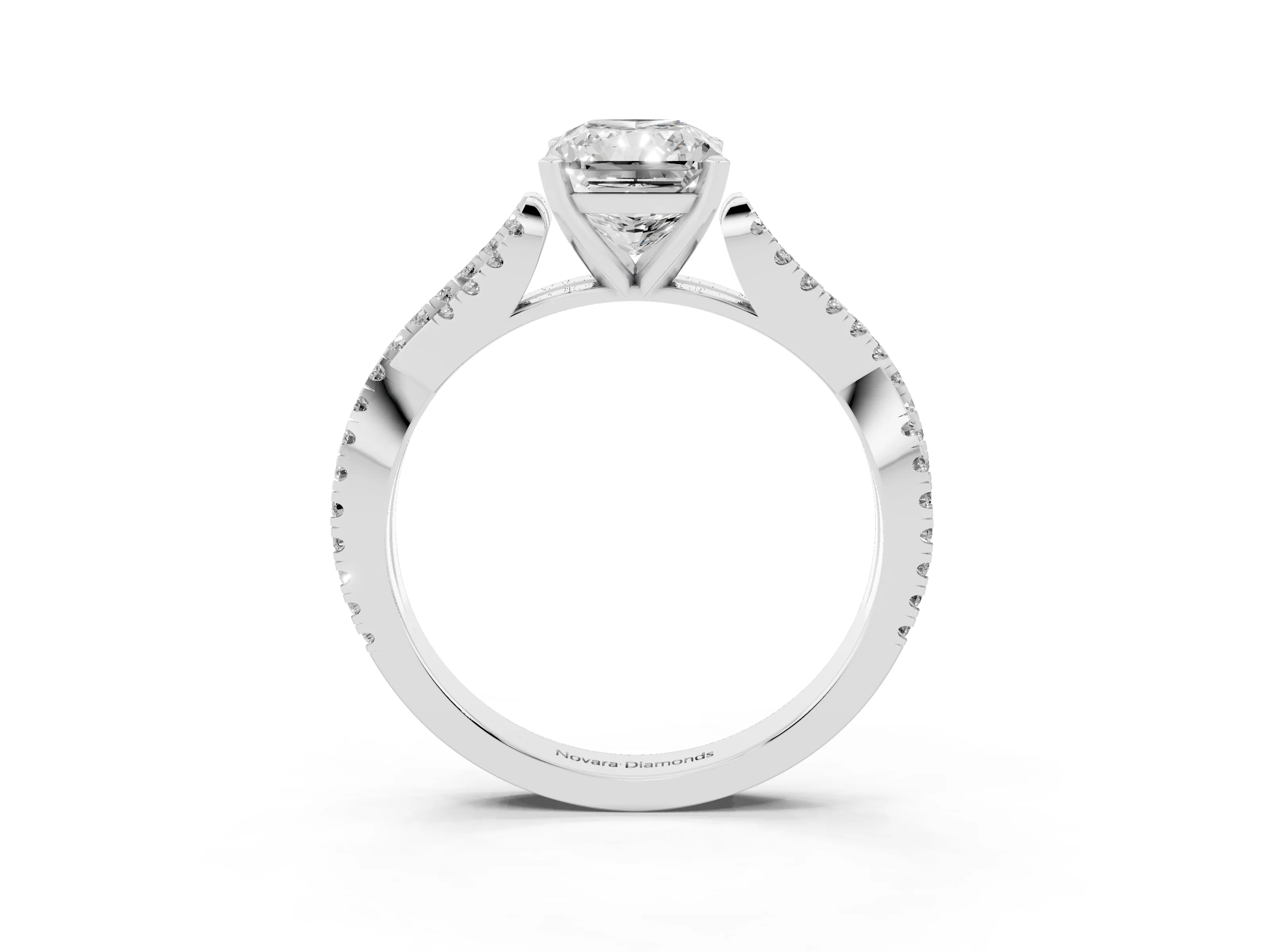 Radiant Cut Diamond Solitaire Engagement Ring Set in Platinum with Twisted Pavé Band and Prong Setting