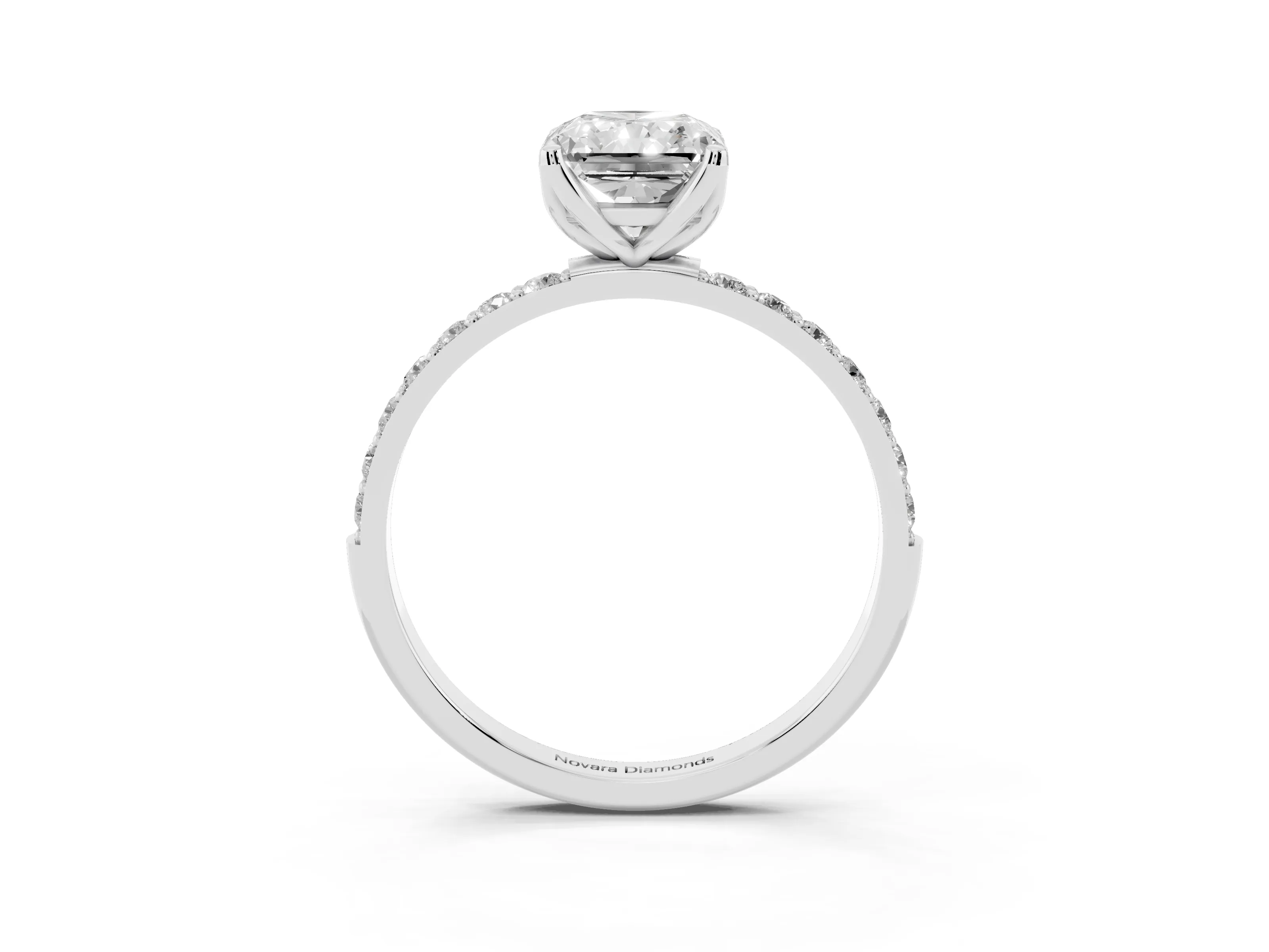 Radiant Cut Diamond Solitaire Engagement Ring Set in White gold with Round Pavé Band and Prong Setting