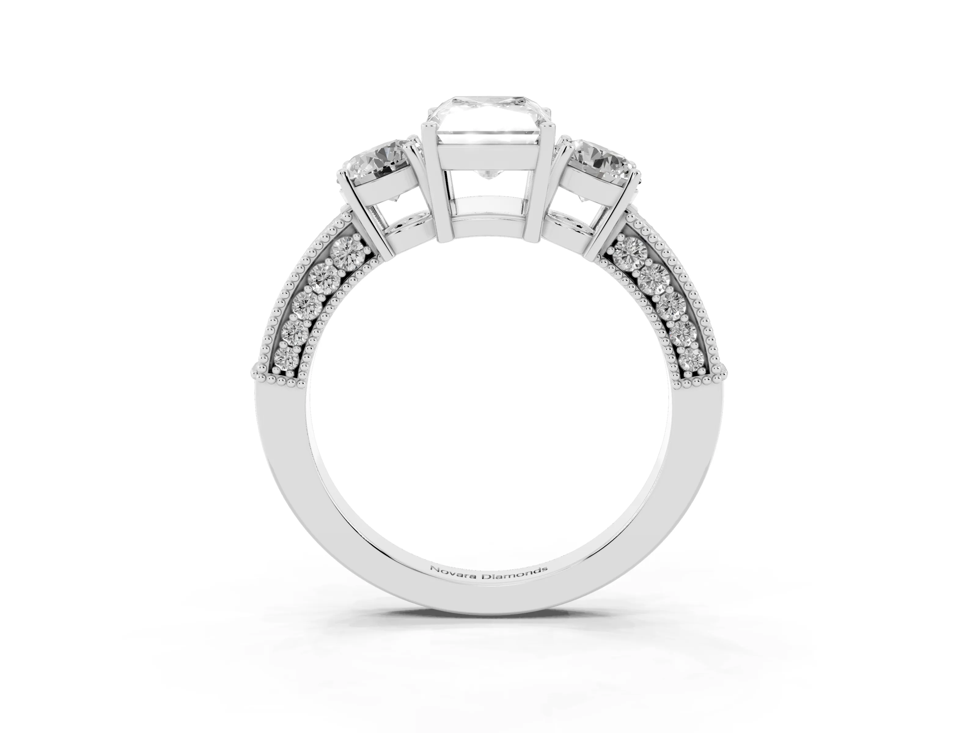Radiant Cut Diamond Three-Stone Ring Set in White gold with Round Side Stones and Pavé Band