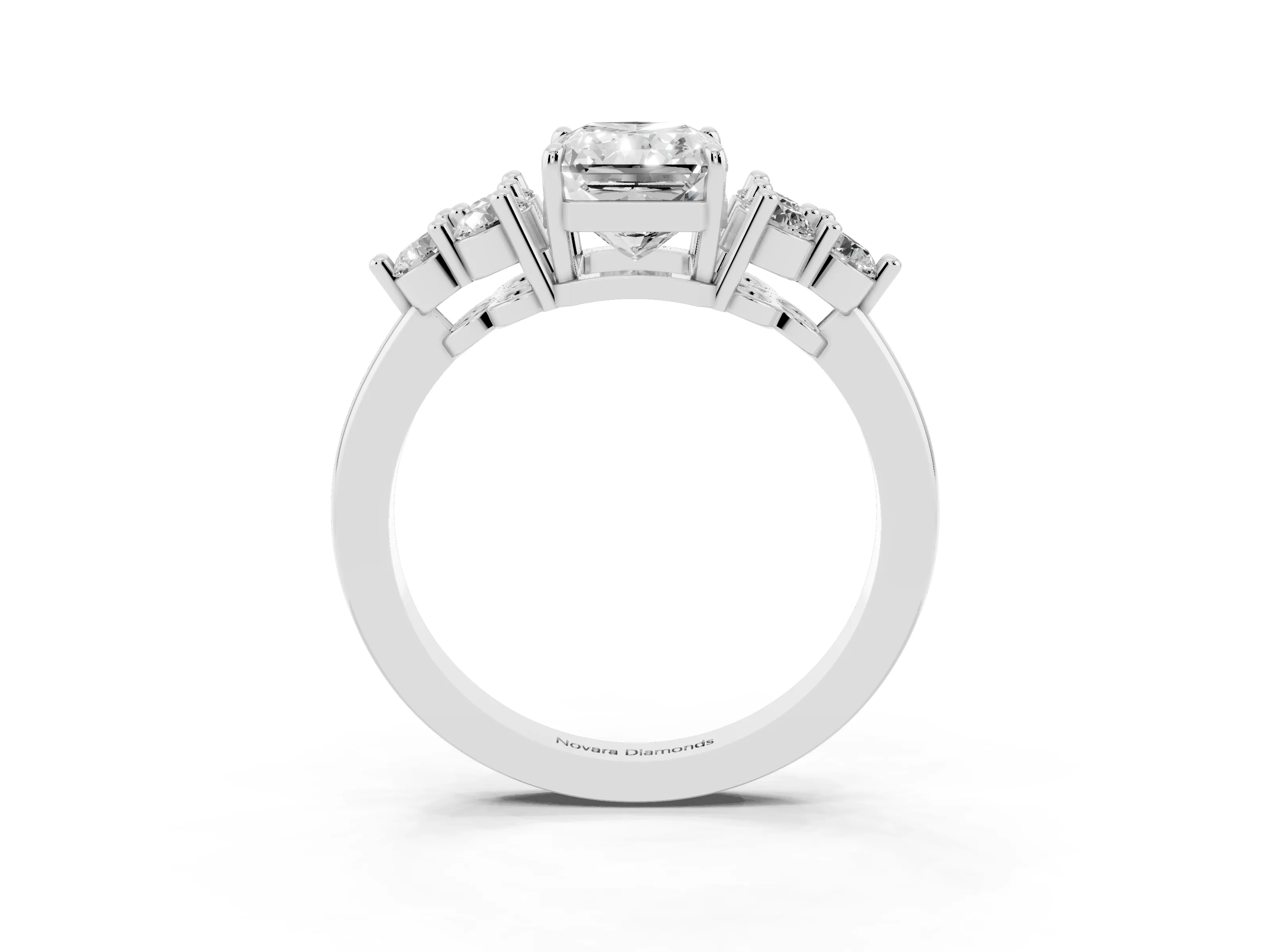 Radiant Cut Diamond Solitaire Ring Set in White gold with Cluster Accents on Each Side