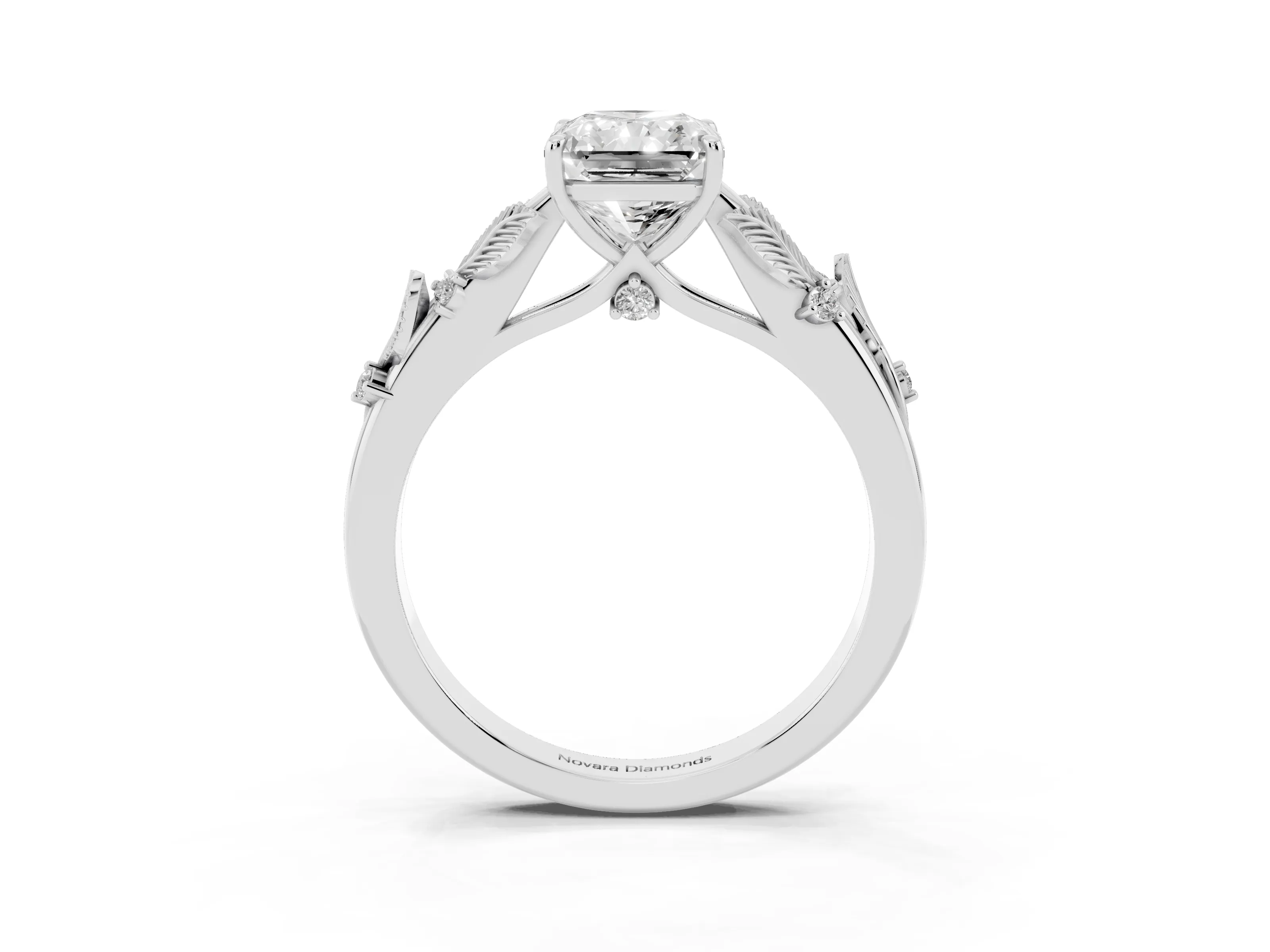 Radiant Cut Diamond Solitaire Ring Set in Silver with Leaf Motif Band