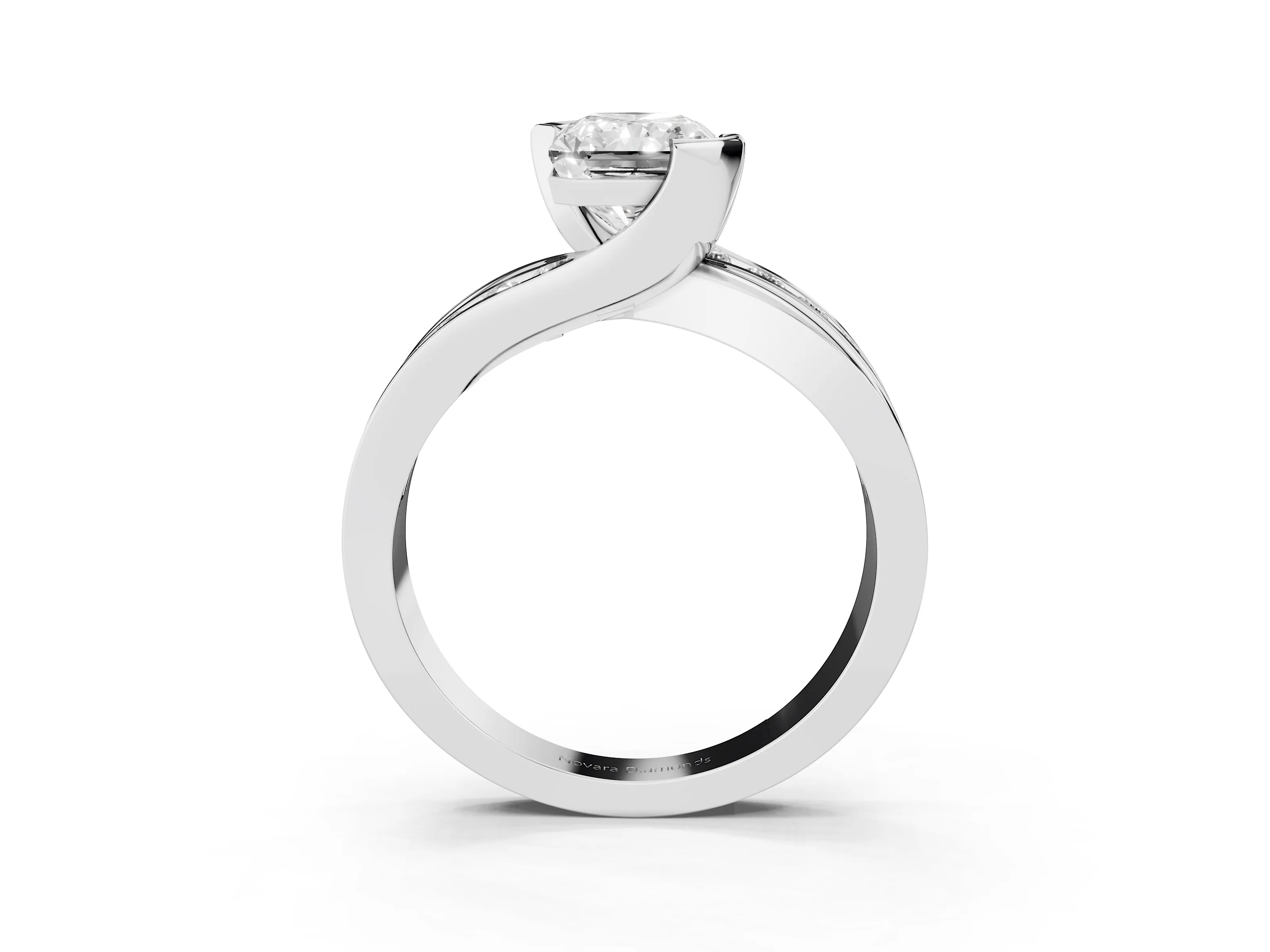Radiant Cut Diamond Solitaire Ring Set in Platinum with Channel Set Split Shank and Tension Prongs