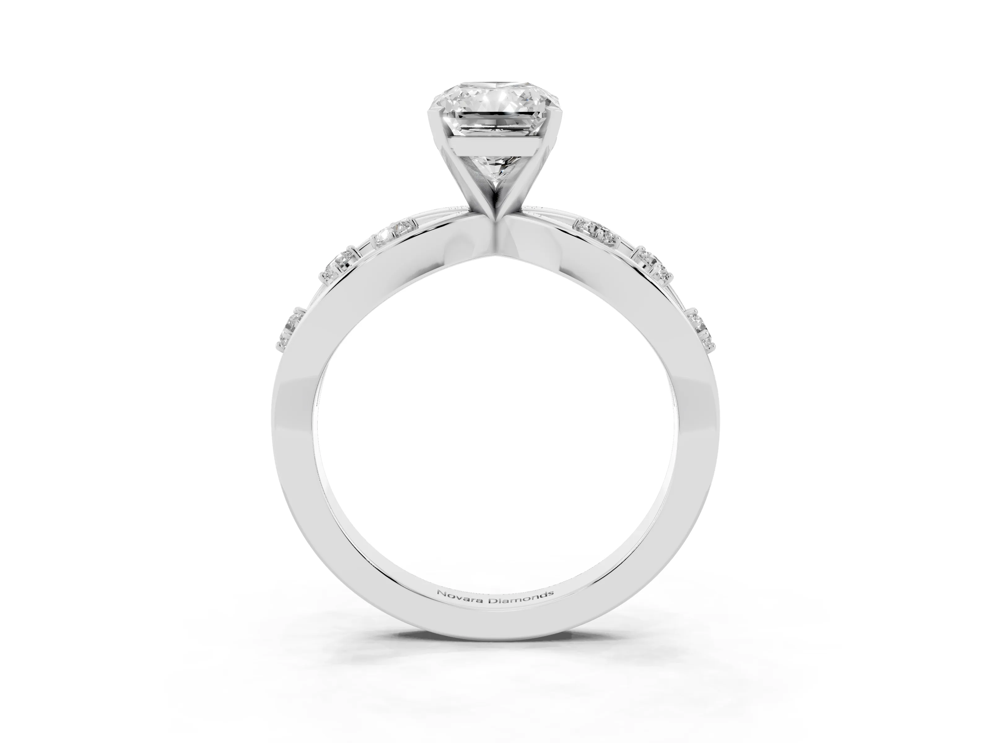 Radiant Cut Diamond Solitaire Ring Set in Platinum with Side Stones on Criss-Cross Band and Prong Setting
