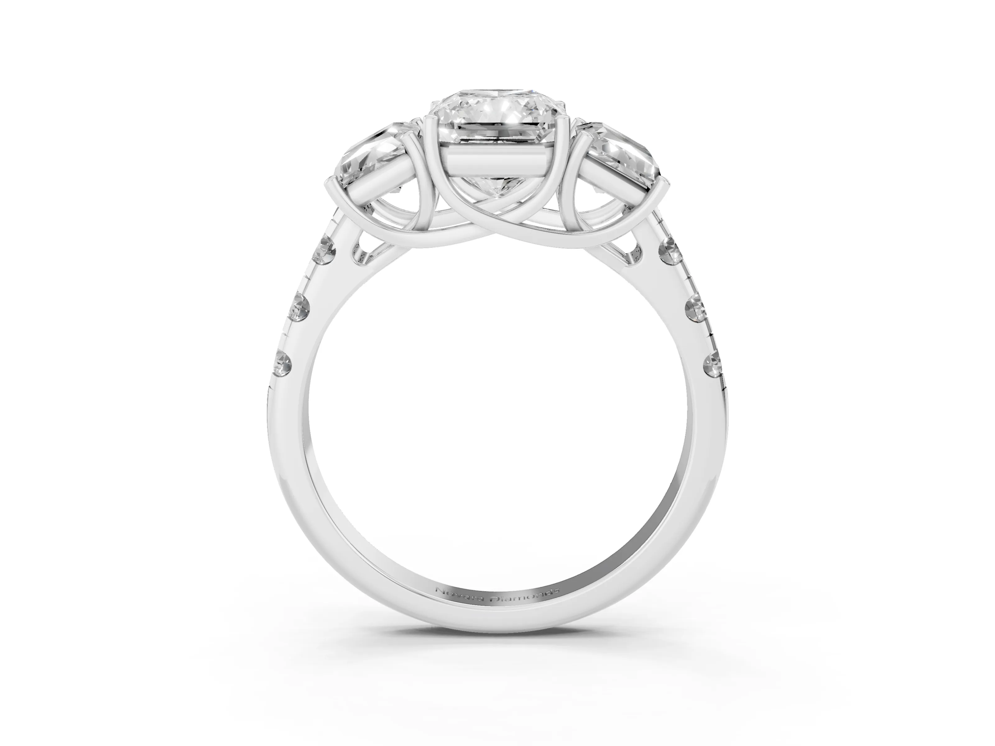 Radiant Cut Diamond Three-Stone Ring Set in Silver with Pavé Band