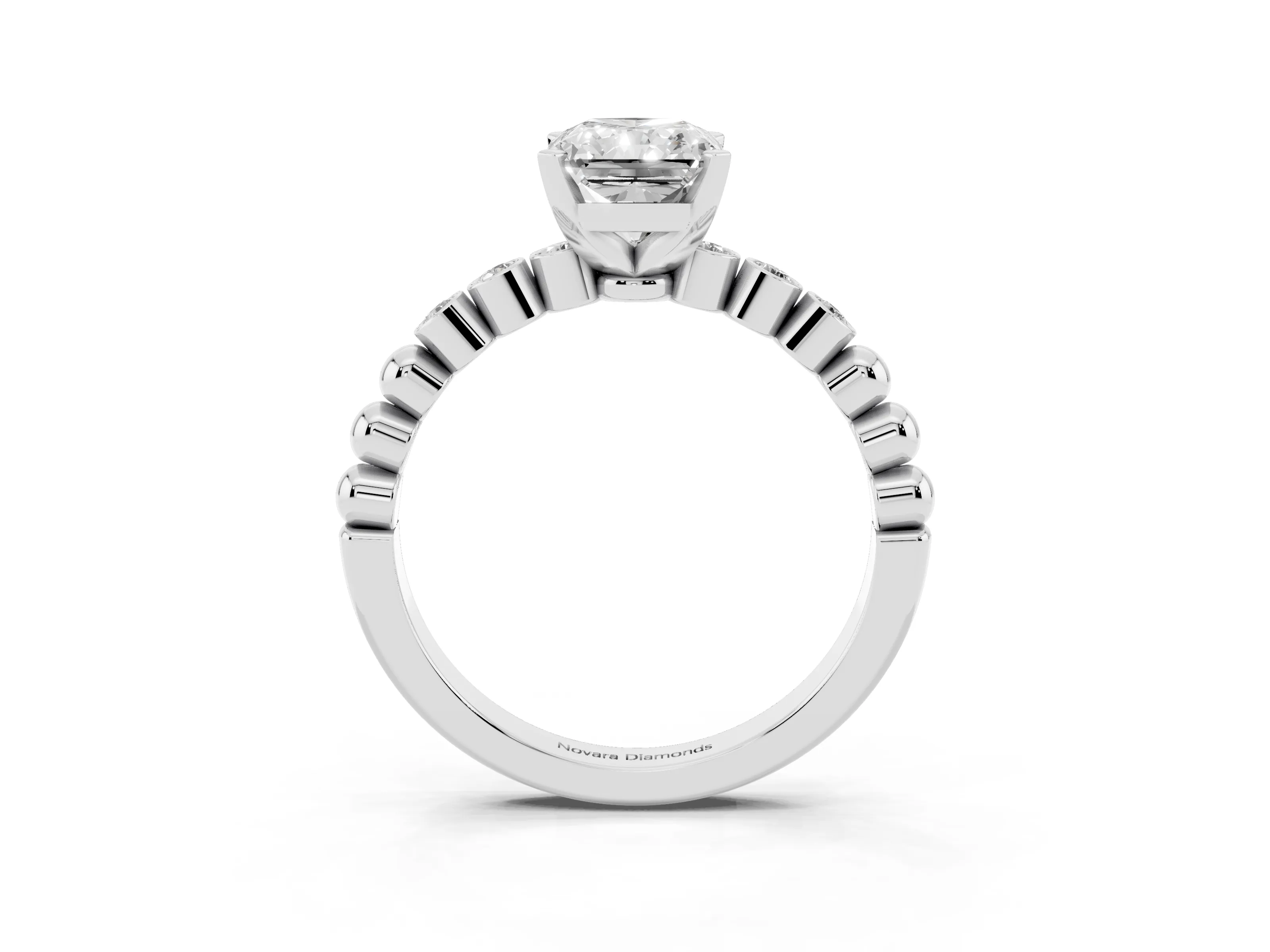 Radiant Cut Diamond Solitaire Engagement Ring Set in White gold with Bezel Accents on Beaded Band
