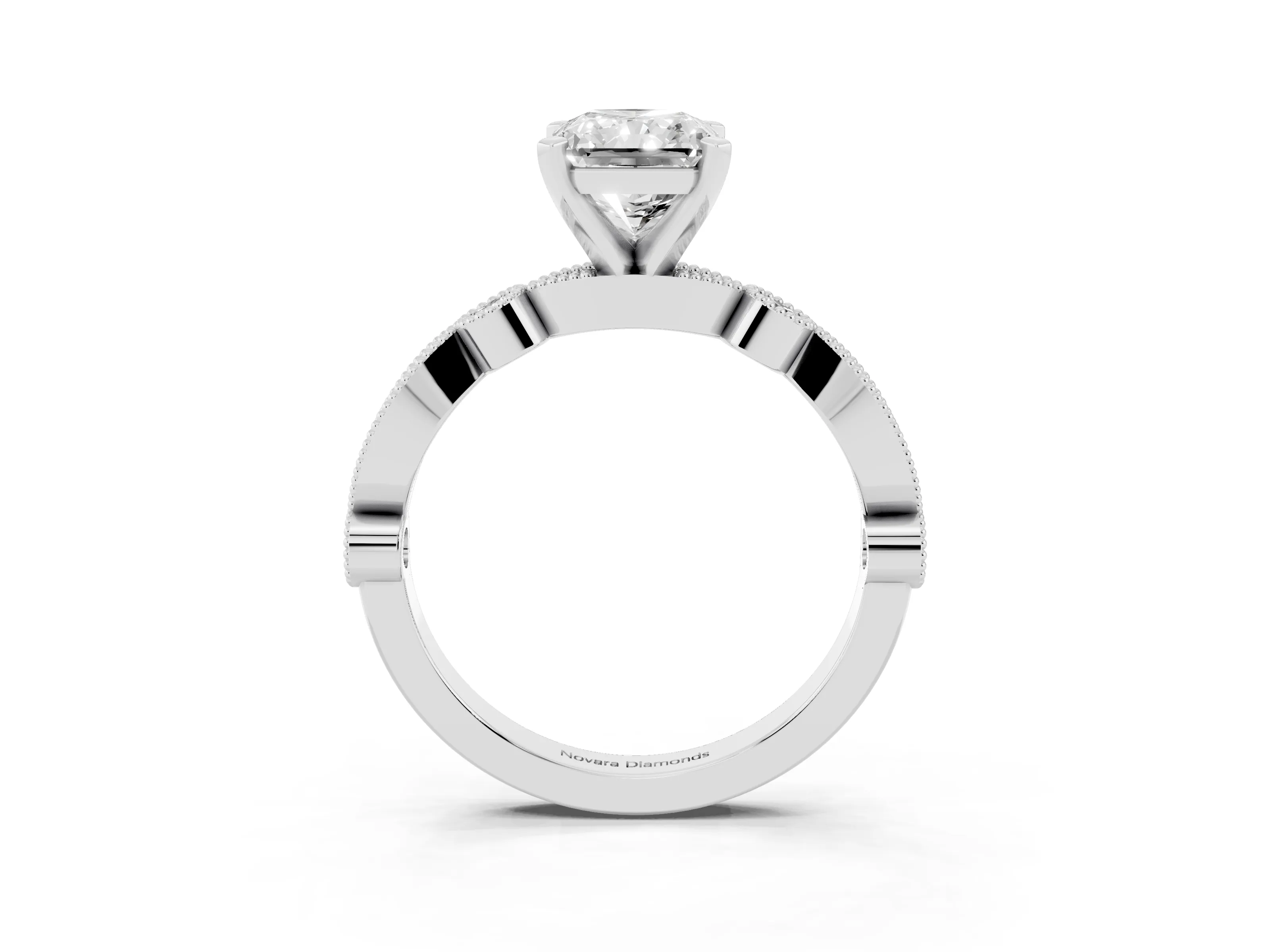 Radiant Cut Diamond Solitaire Engagement Ring Set in Silver with Milgrain Bezel Accent Band