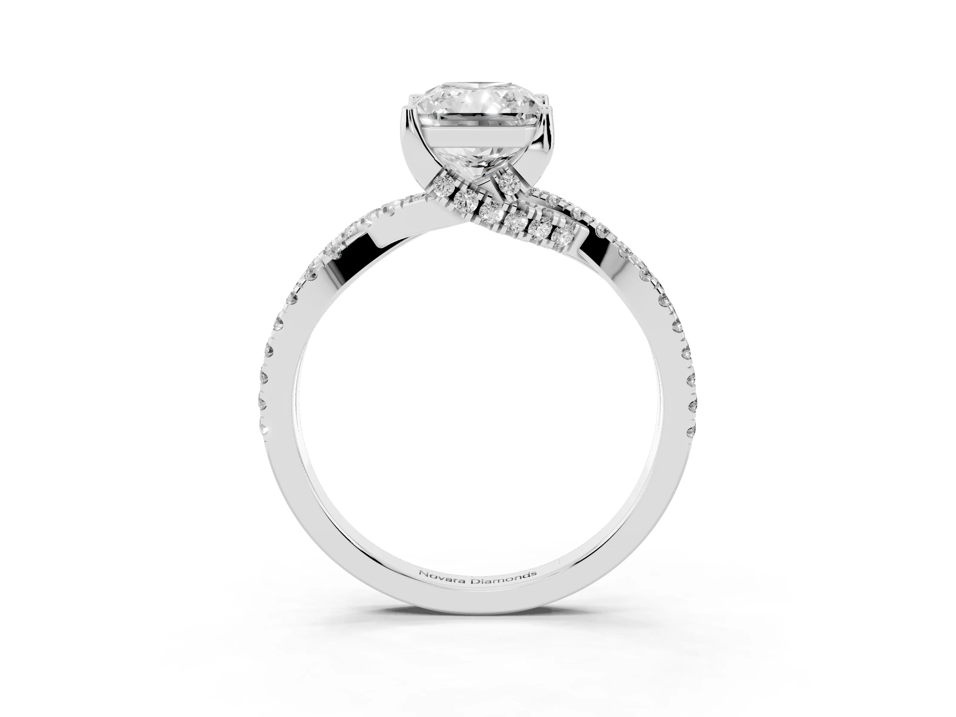Radiant Cut Diamond Twist Pavé Solitaire Engagement Ring Set in Silver with Prong Setting