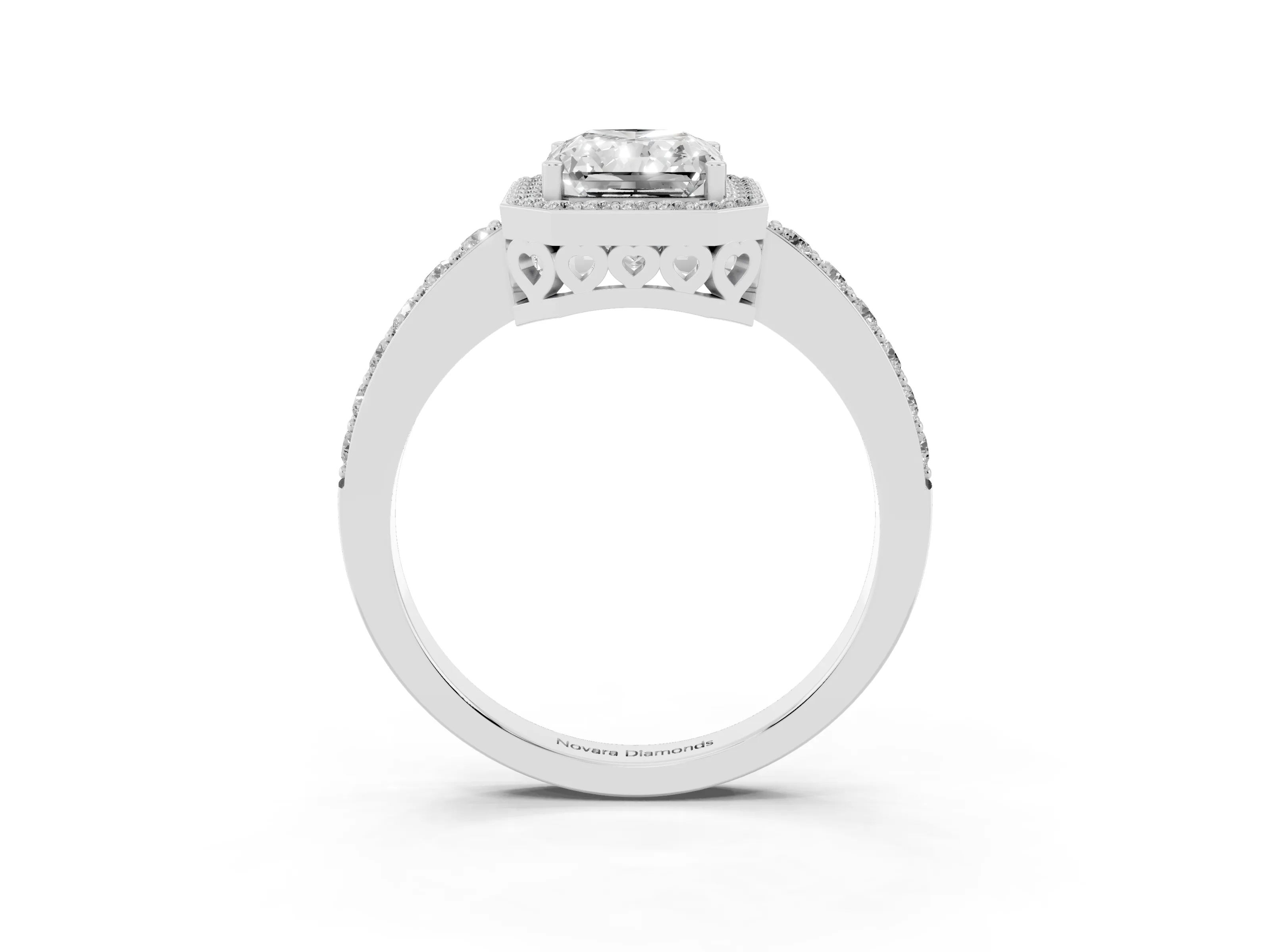 Radiant Cut Diamond Halo Ring Set in White gold with Pavé-Setting Band and Open Prong Center