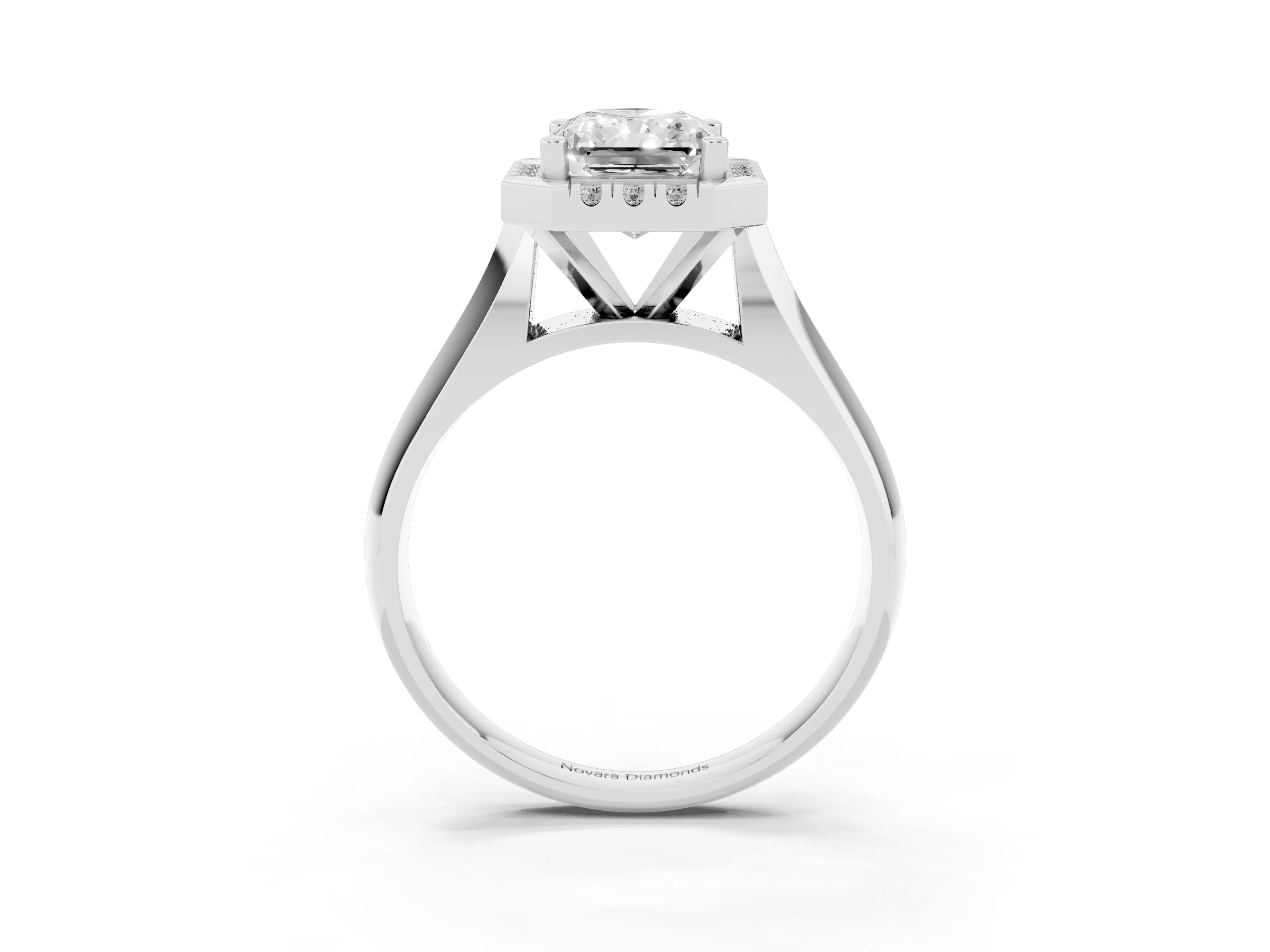 Radiant Cut Diamond Halo Solitaire Engagement Ring Set in White gold with Square Band and Prong Setting