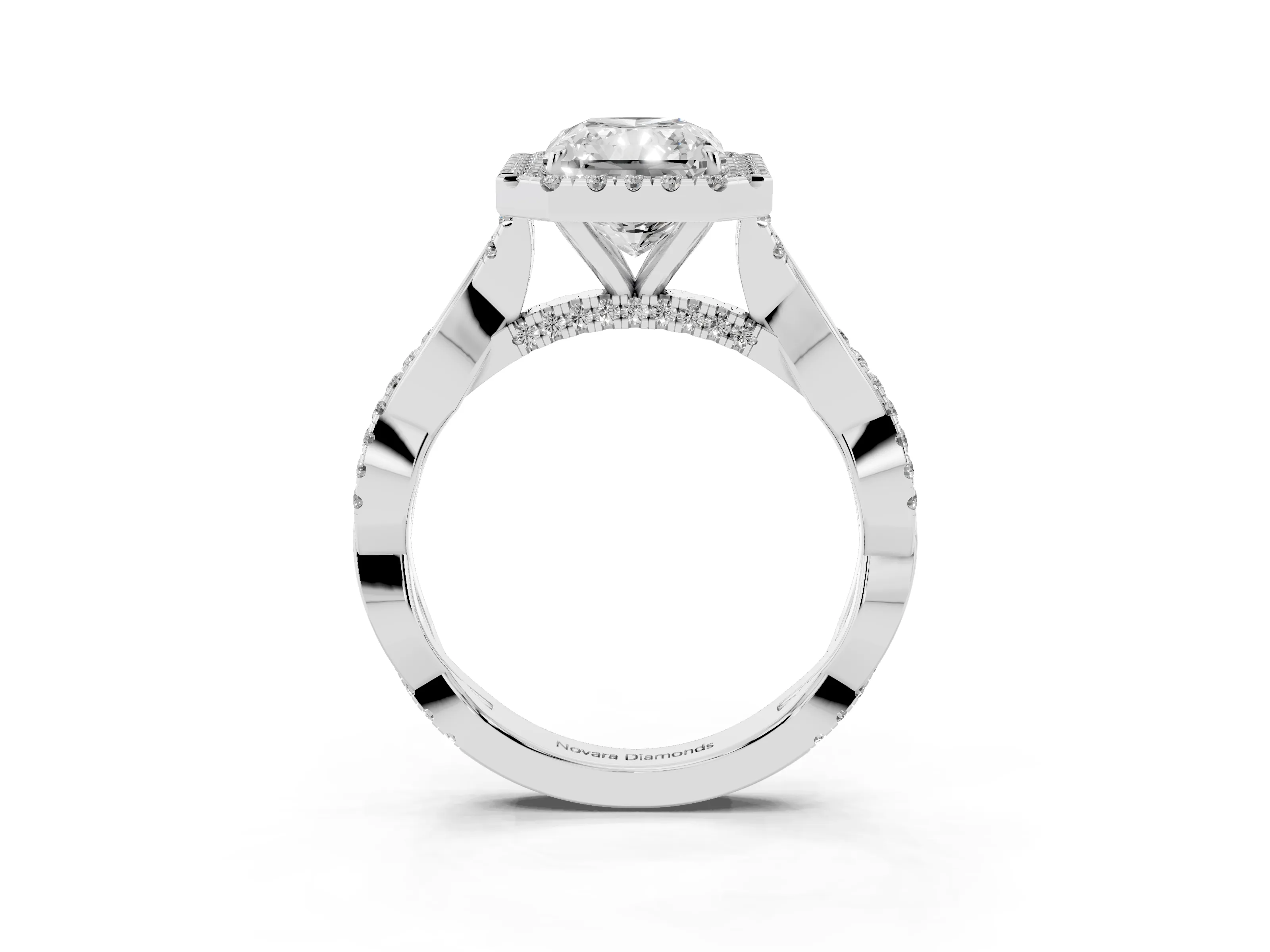 Radiant Cut Diamond Halo Twist Band Solitaire Ring Set in White gold with Prong Setting
