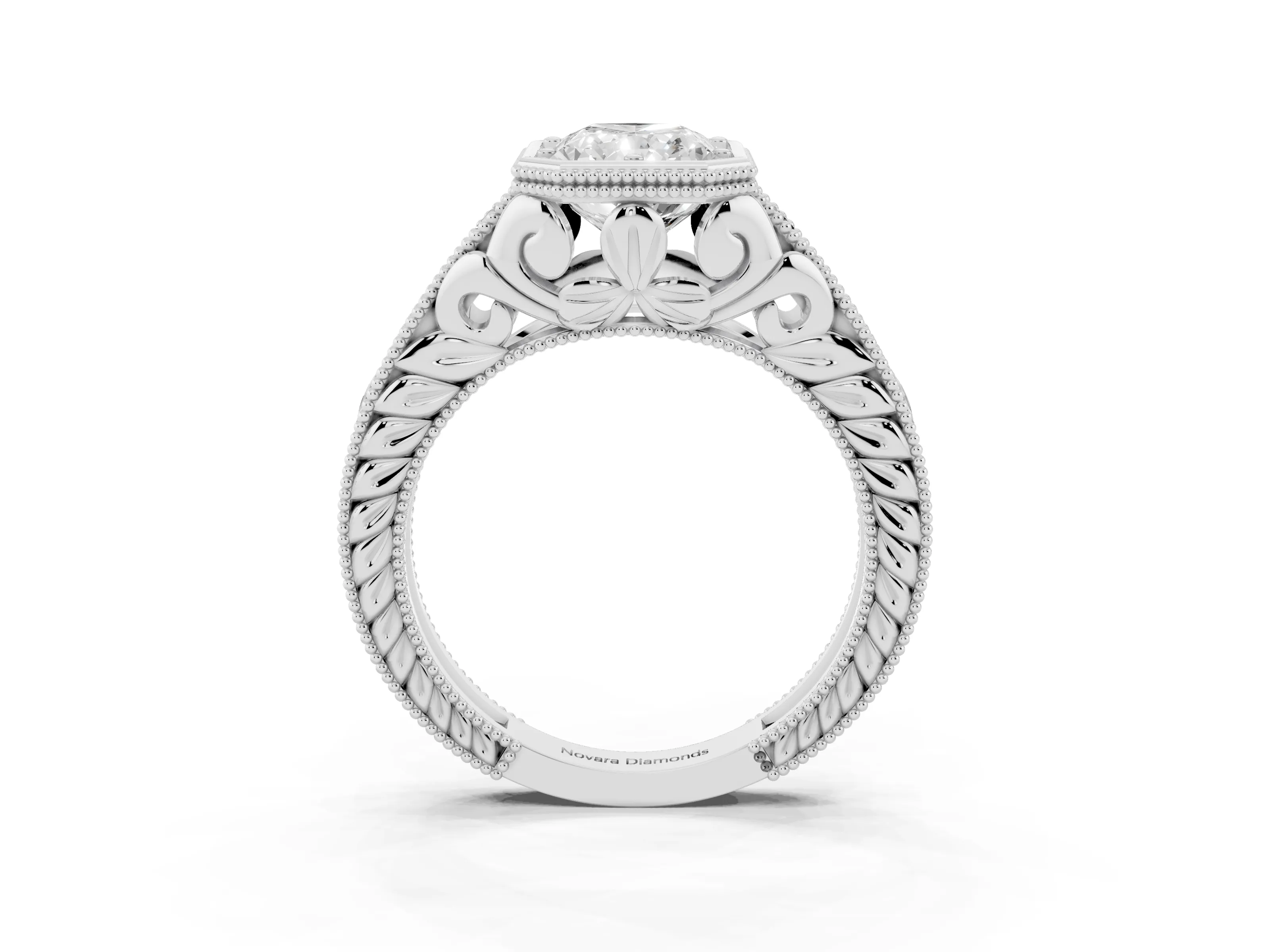 Bezel Set Radiant Cut Diamond Milgrain Pavé Engagement Ring Set in Platinum