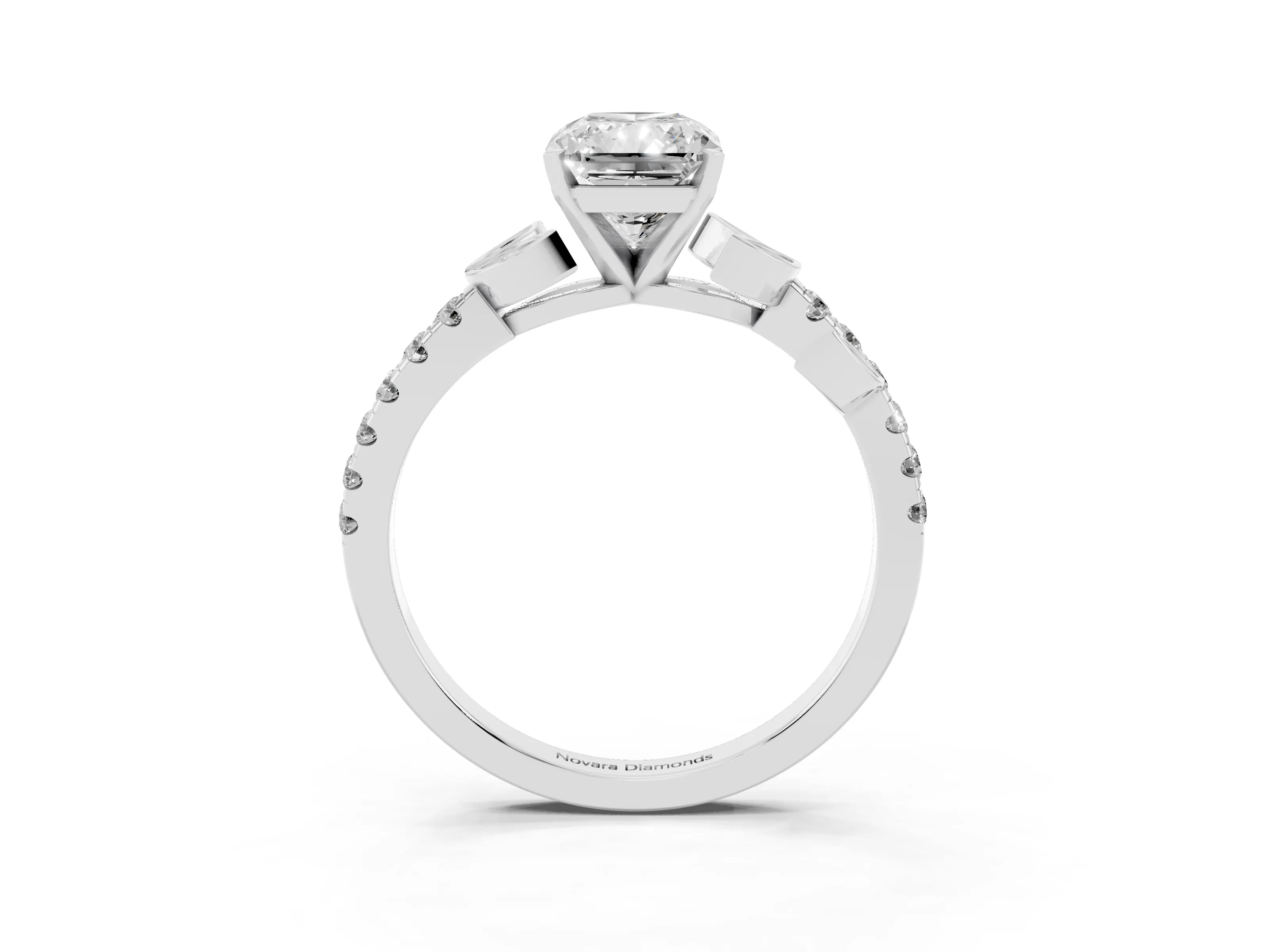 Radiant Cut Diamond Solitaire Leaf-Inspired Ring Set in Platinum with Pavé Band and Prong Setting
