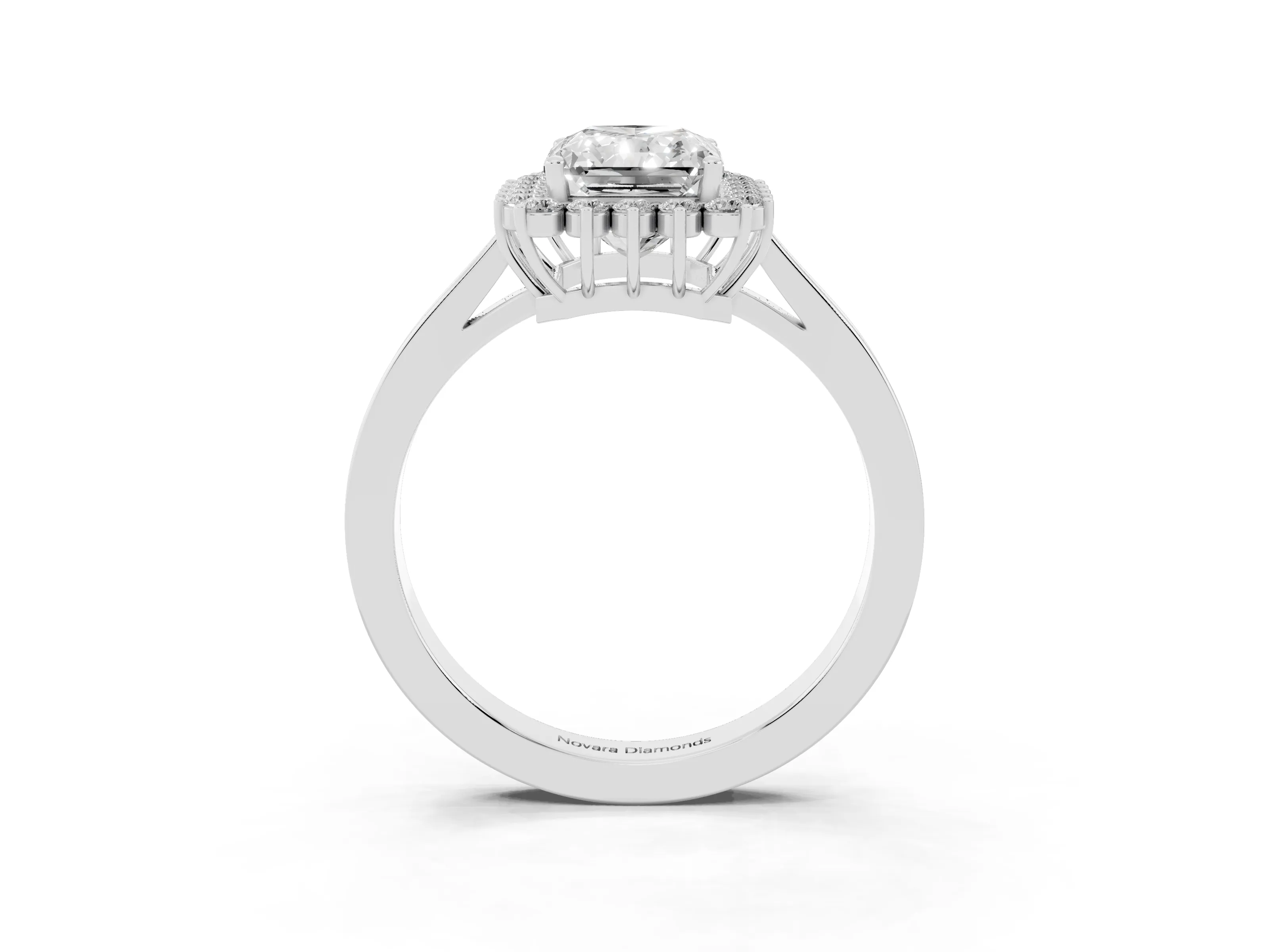 Radiant Cut Diamond Halo Ring Set in White gold with Round Halo and Smooth Solitaire Band