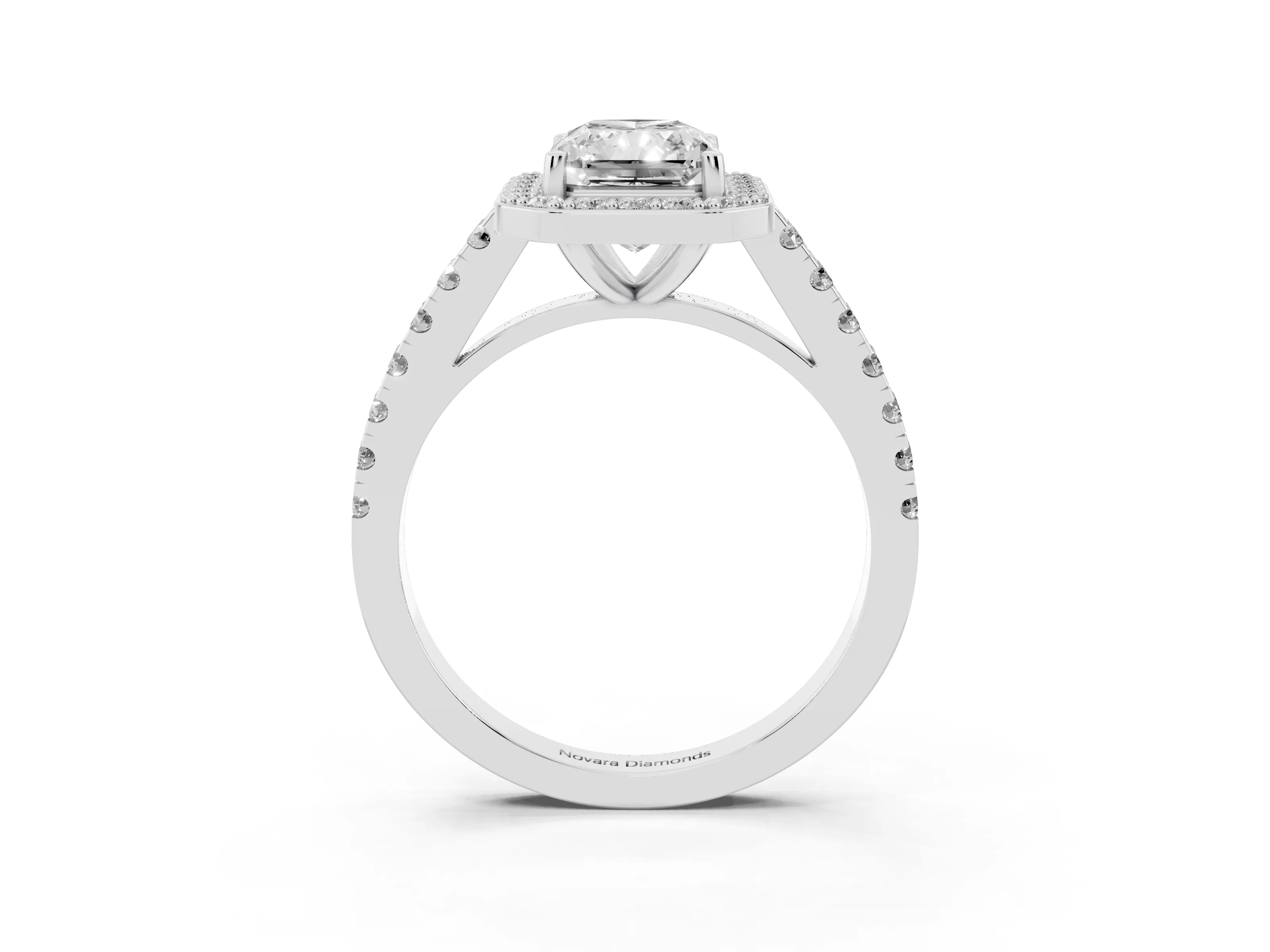 Radiant Cut Diamond Halo Ring Set in Silver with Round Pavé Split Shank and Prong Setting