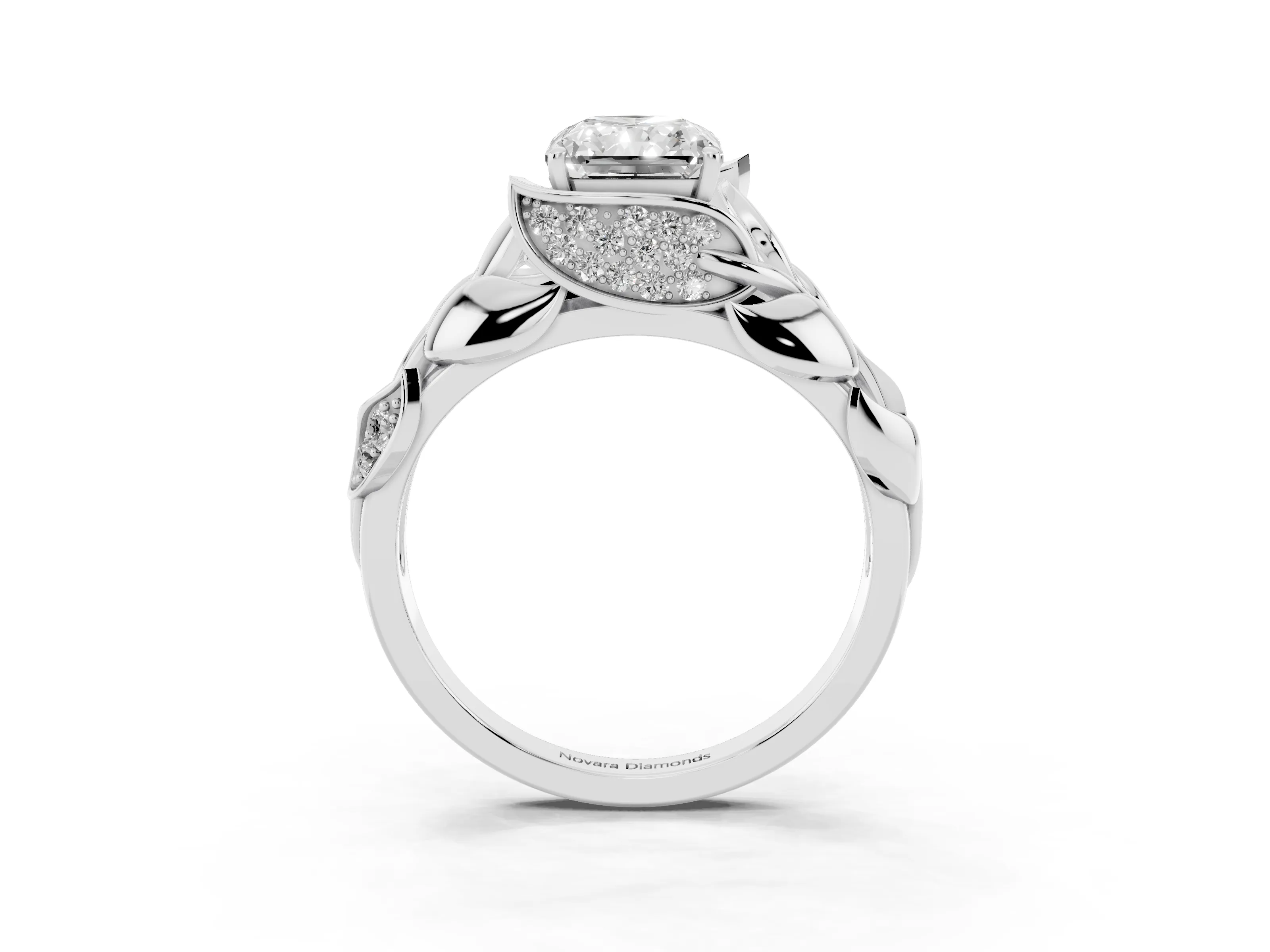 Radiant Cut Diamond Leaf-Inspired Engagement Ring Set in Silver with Round Accents