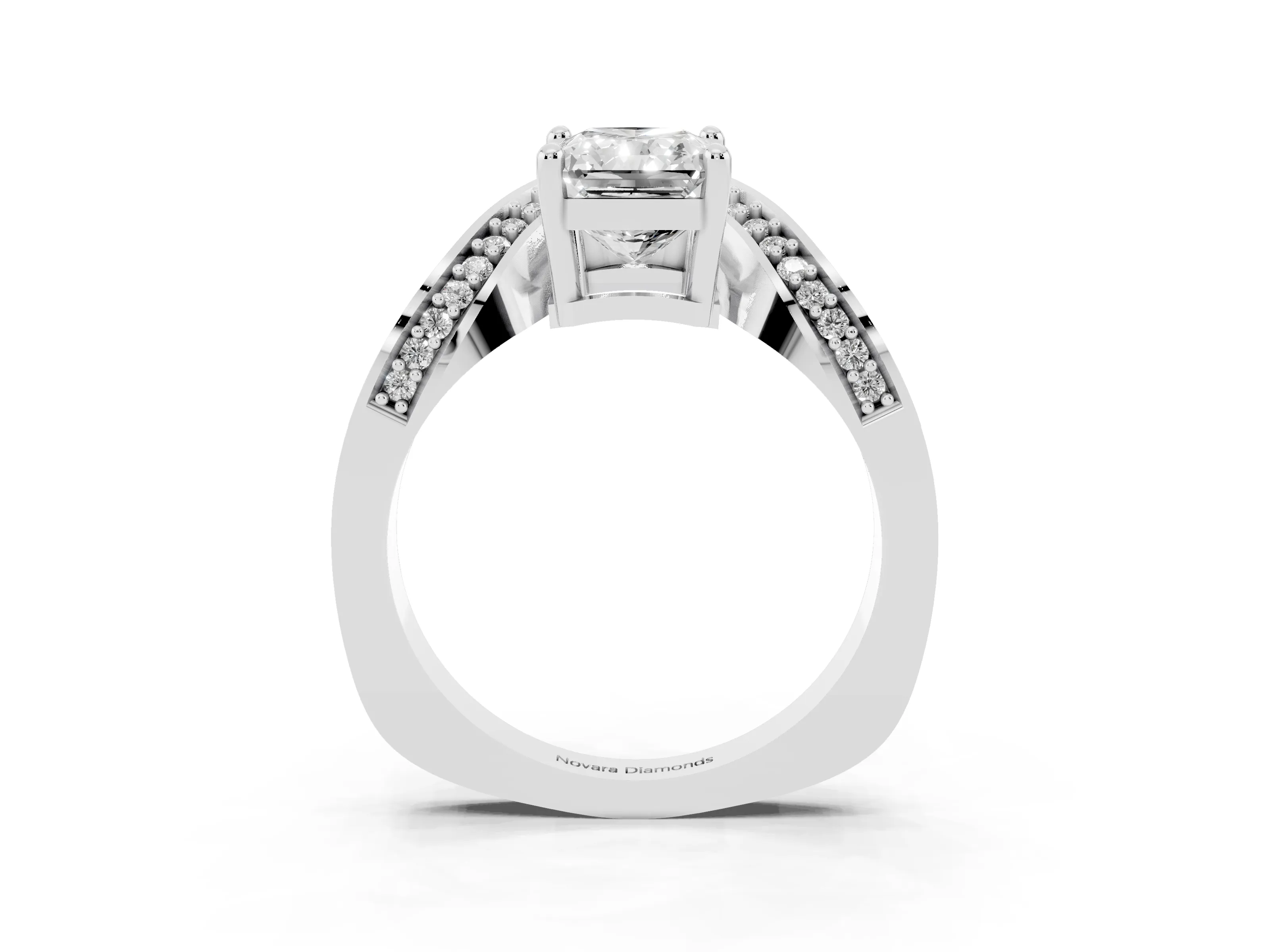 Radiant Cut Diamond Solitaire Engagement Ring Set in Silver with Pavé Shoulders