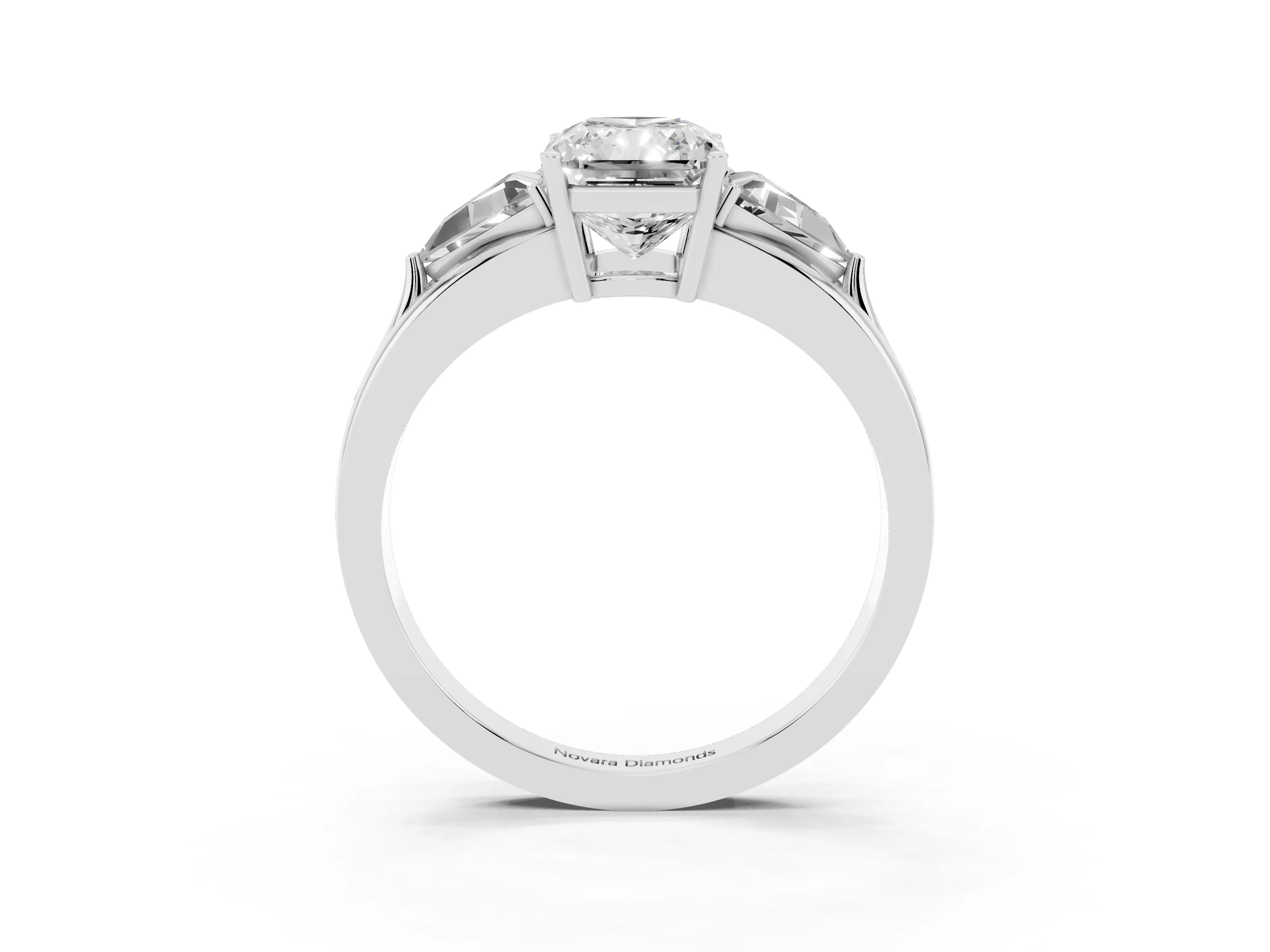 Radiant Cut Diamond Three-Stone Ring Set in Platinum with Trillion Side Stones and Split Shank