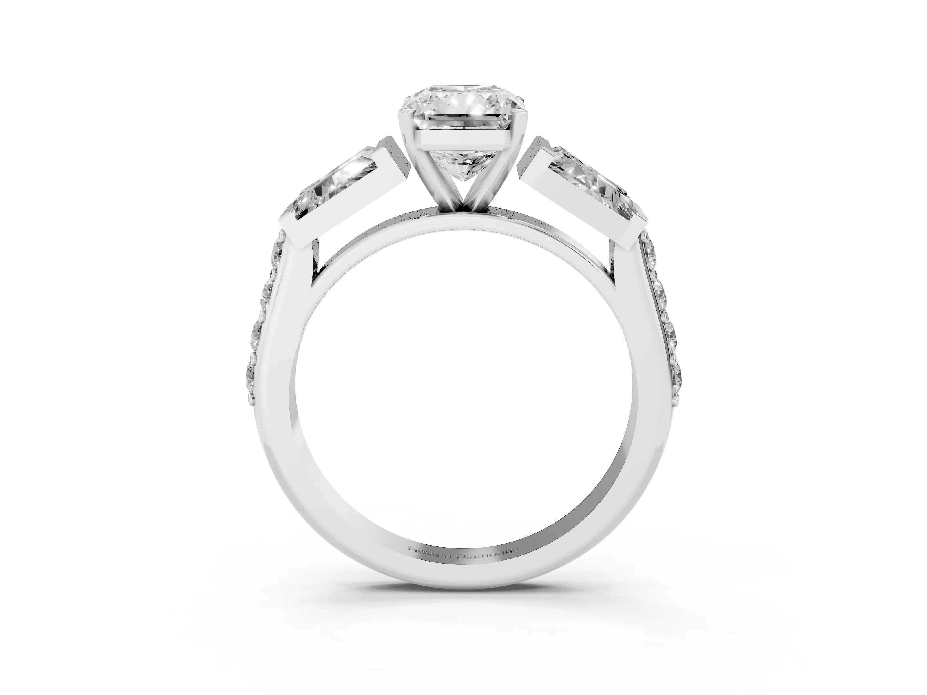 Radiant Cut Diamond Engagement Ring Set in White gold with Baguette Side Stones and Channel Set Band