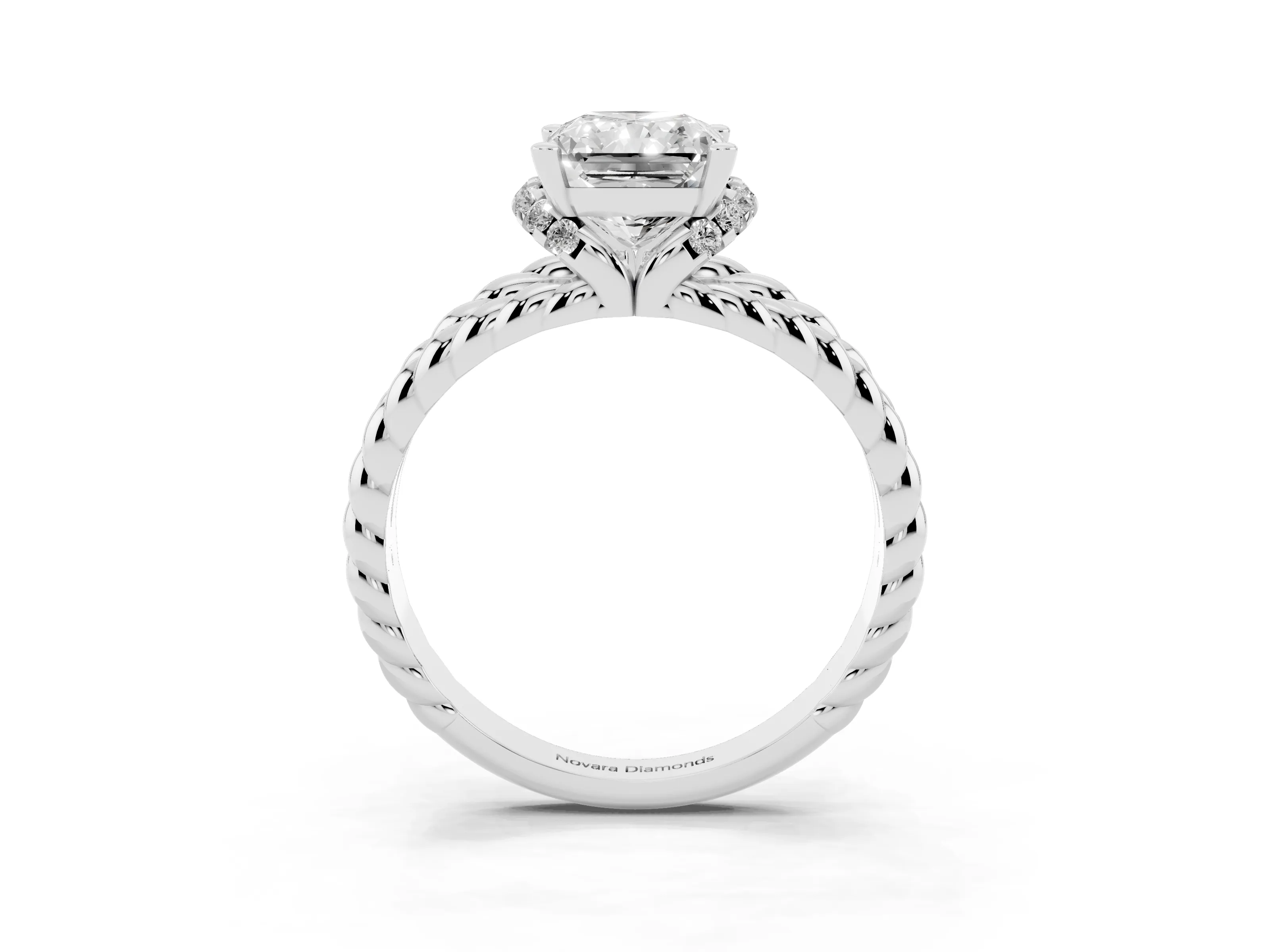 Radiant Cut Diamond Halo Ring Set in White gold with Twisted Band and Prong Setting