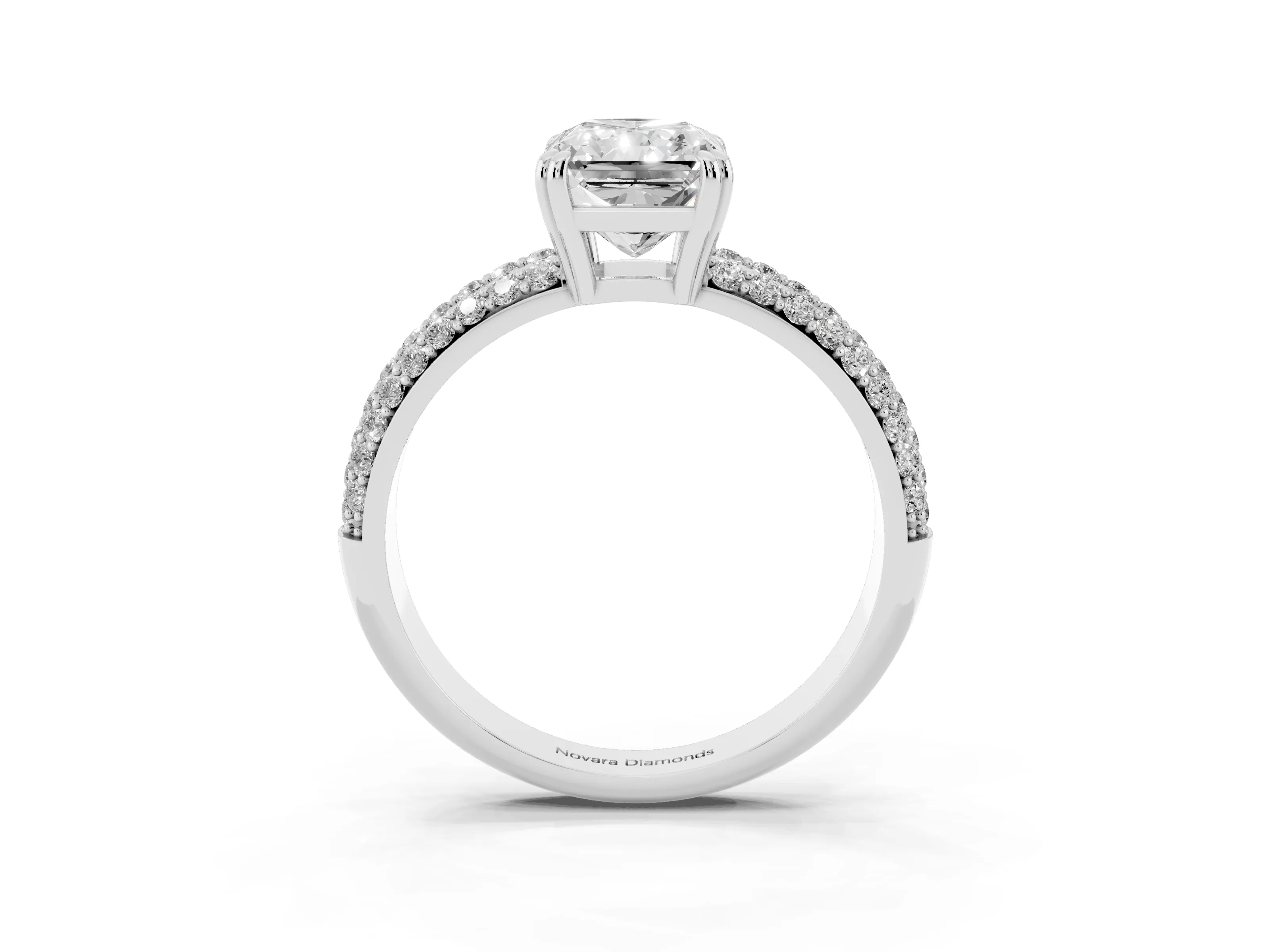 Radiant Cut Diamond Solitaire Ring Set in Platinum with Multi-Row Round Pavé Band and Prong Setting
