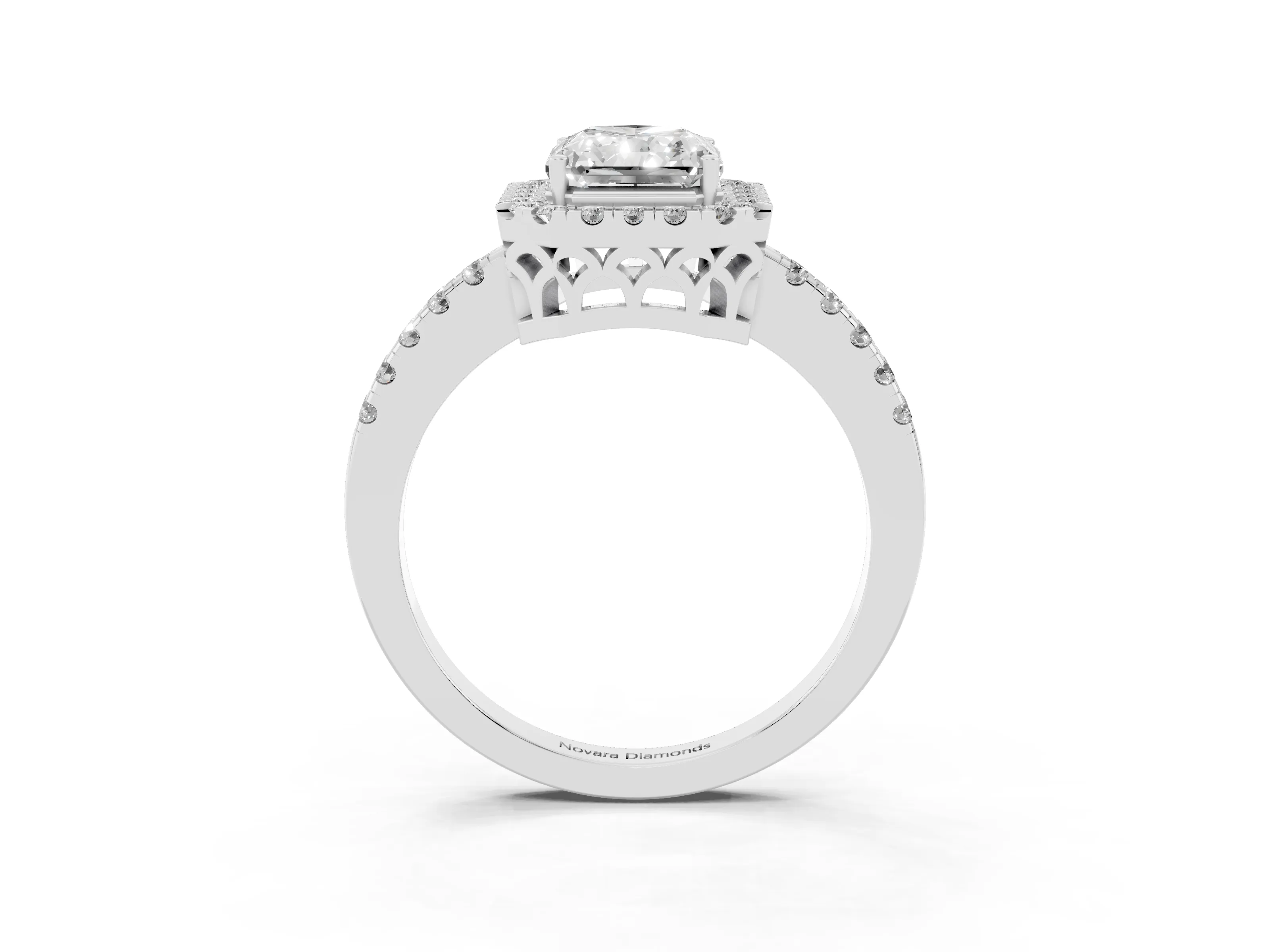 Radiant Cut Diamond Pavé Band Halo Engagement Ring Set in Platinum with Prong Setting