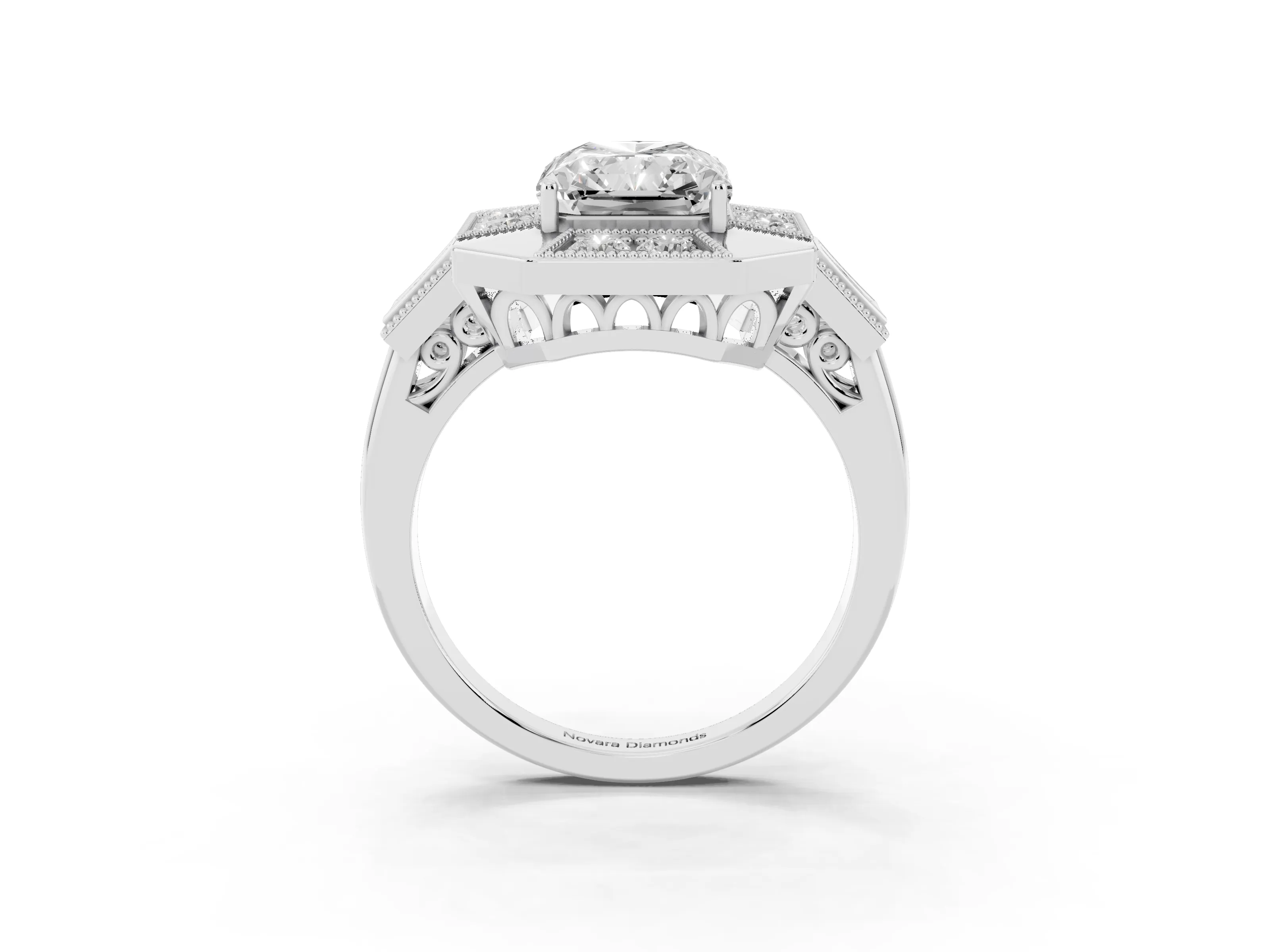 Radiant Cut Diamond Milgrain Halo Ring Set in Silver with Split Shank