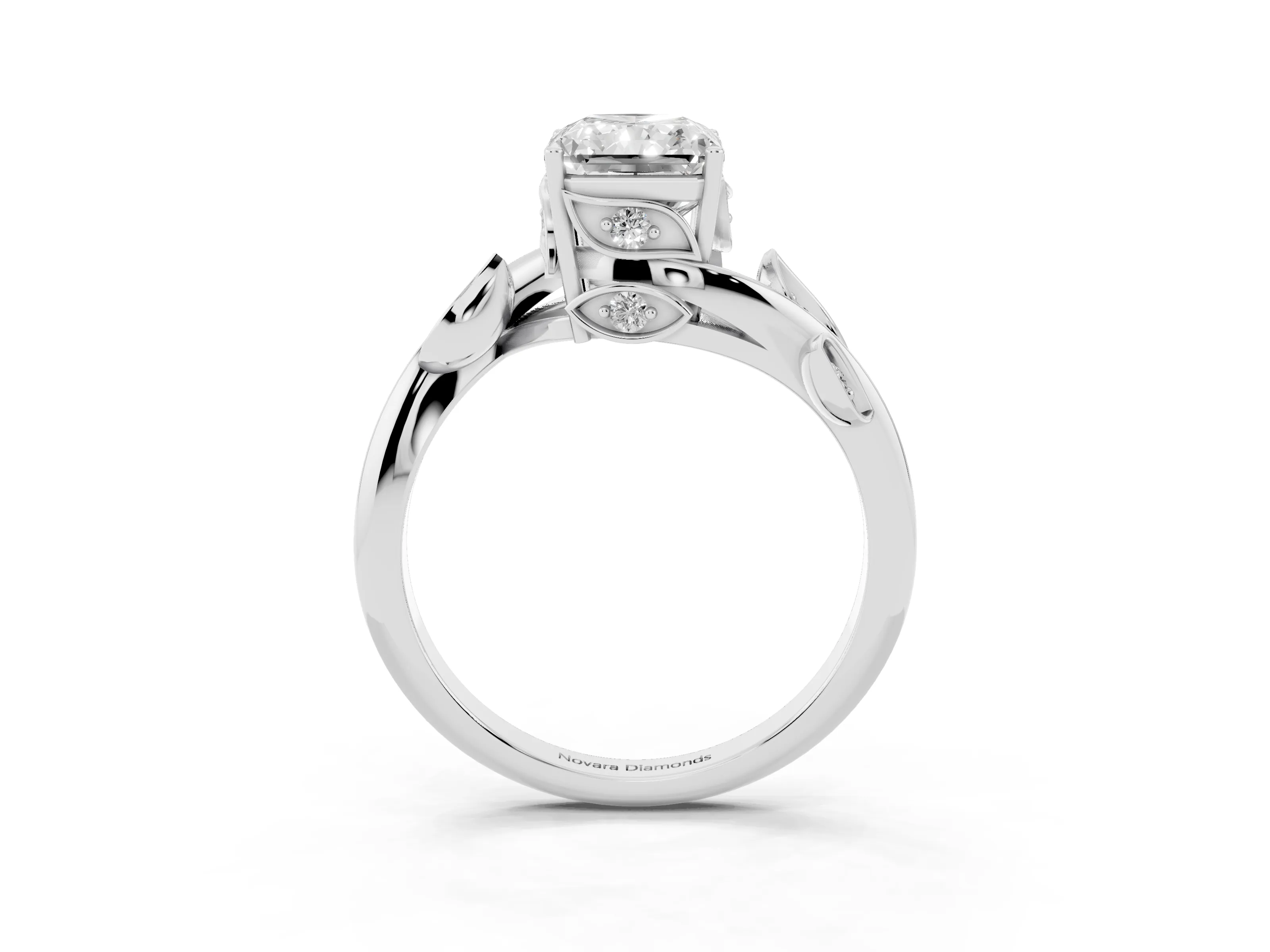 Radiant Cut Diamond Solitaire Twist Engagement Ring Set in White gold with Pavé Leaf Accents