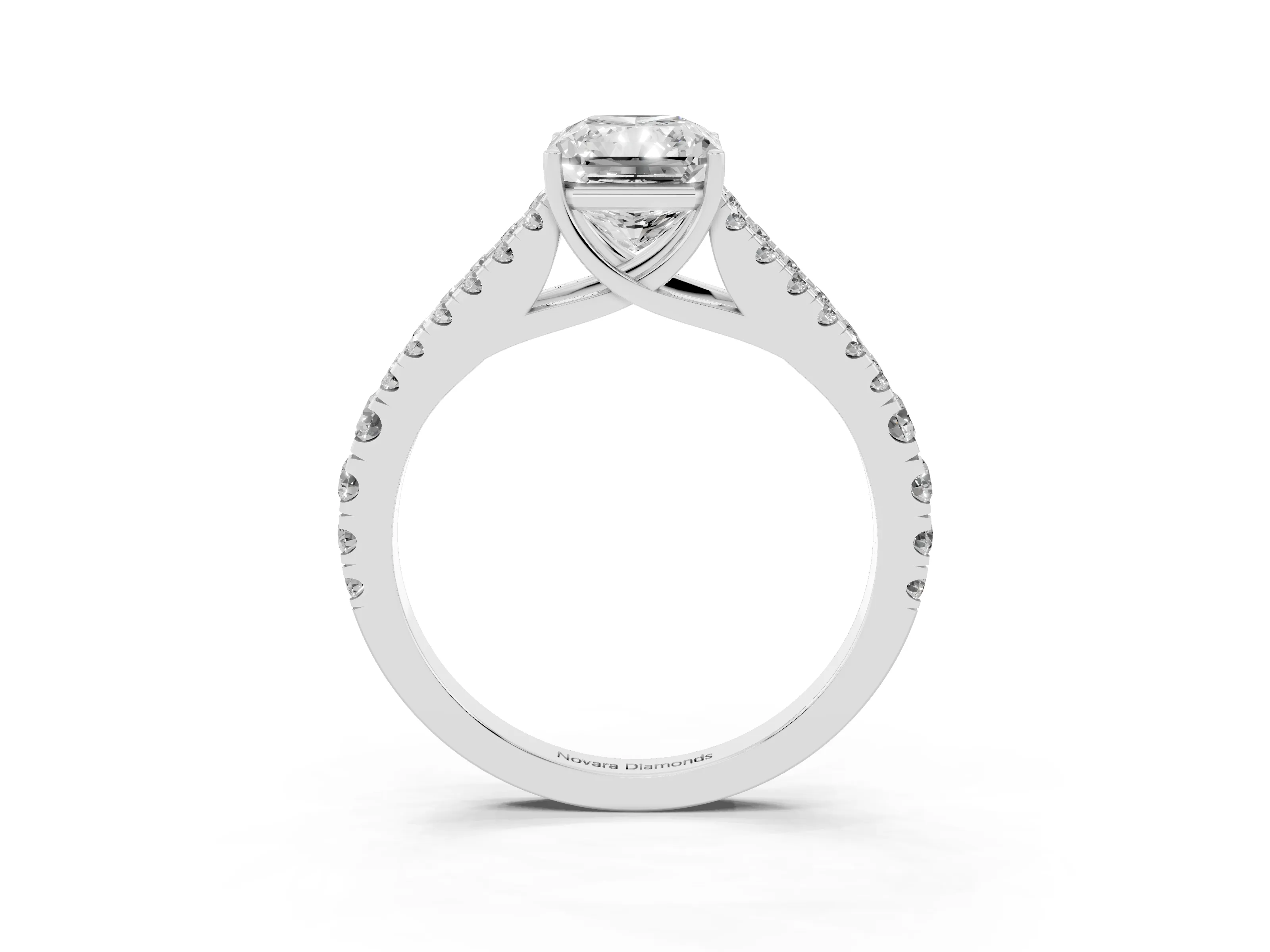 Radiant Cut Diamond Split Shank Pavé Engagement Ring Set in Platinum with Prong-Held Center Stone