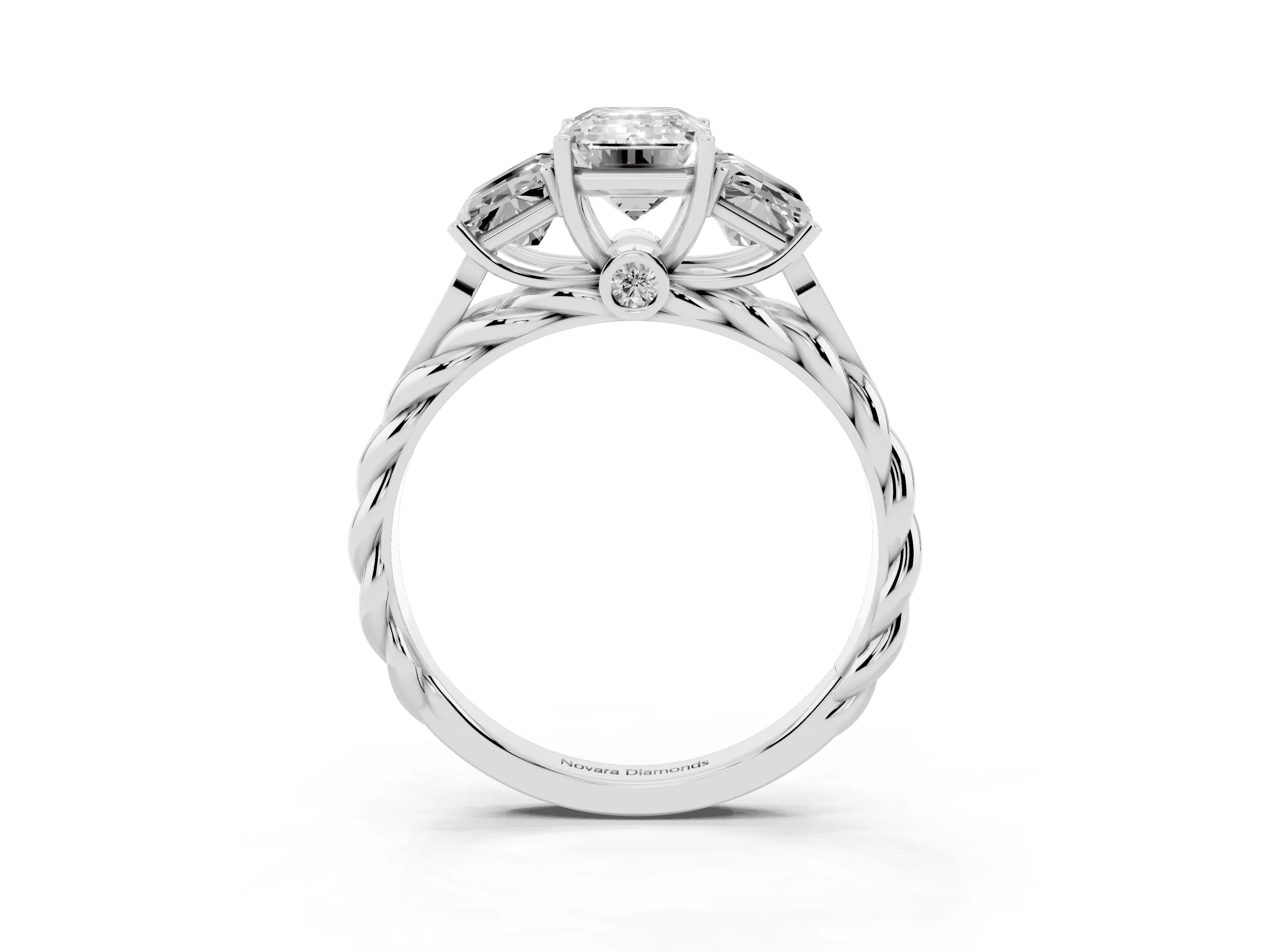 Radiant Cut Diamond Three-Stone Ring Set in Platinum with Braided Band