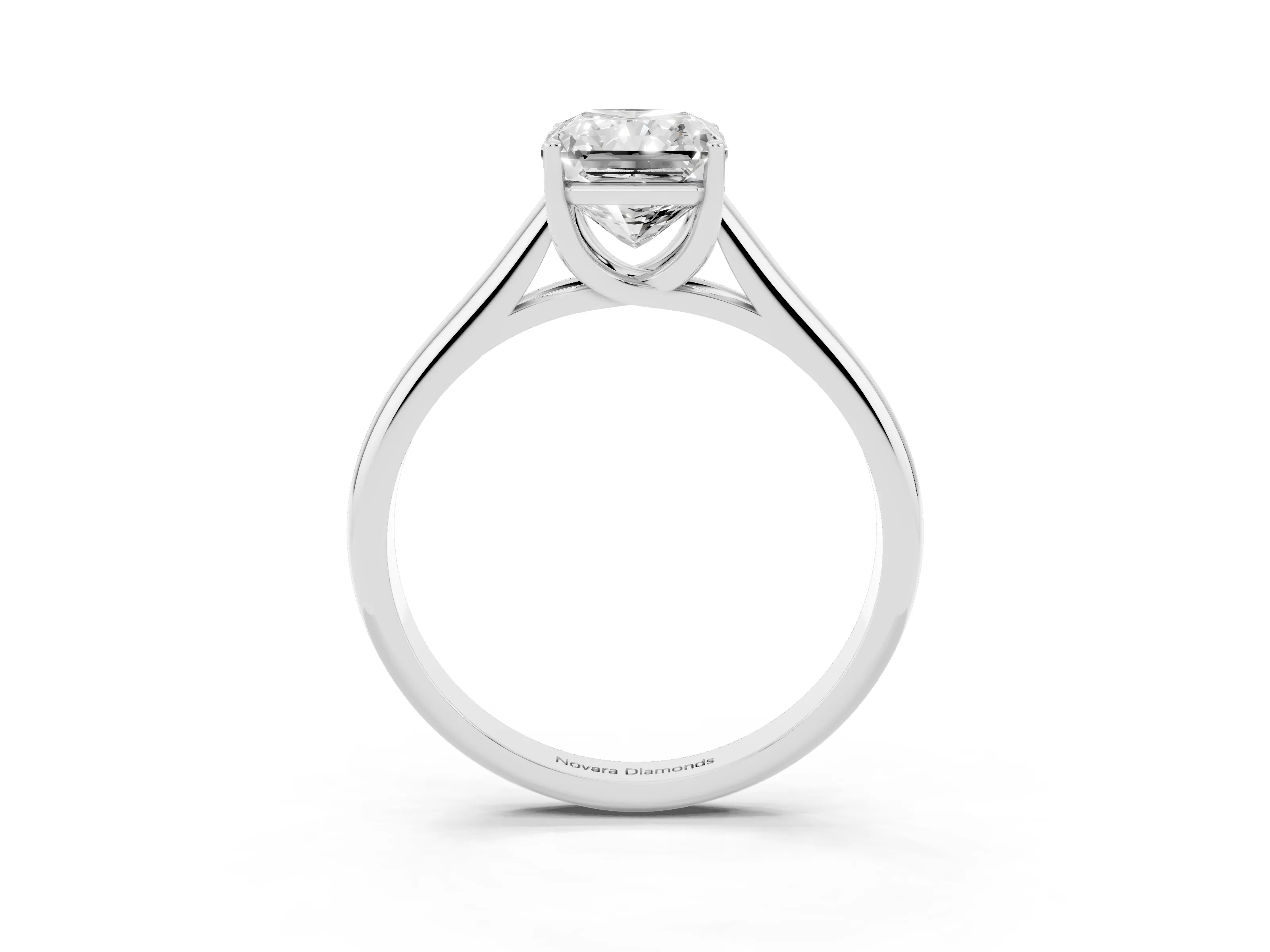 Radiant Cut Diamond Solitaire Engagement Ring Set in Silver with Subtly Tapered Band and Prong Setting