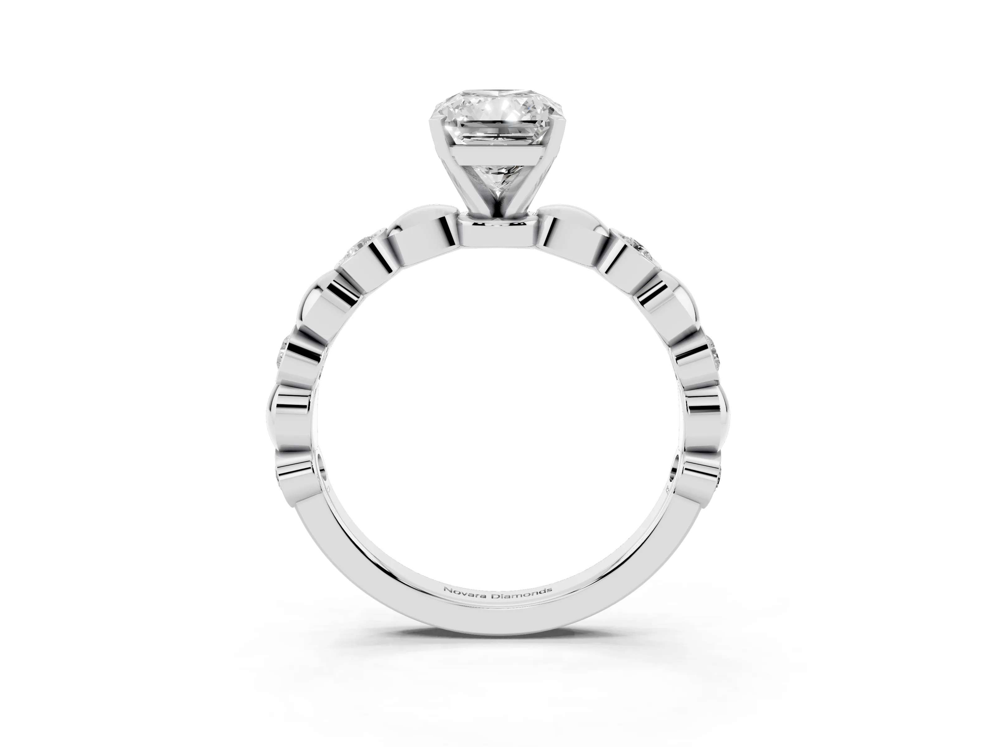 Radiant Cut Diamond Solitaire Ring Set in Silver with Bezel-Set Accents on Beaded Band and Prong Setting