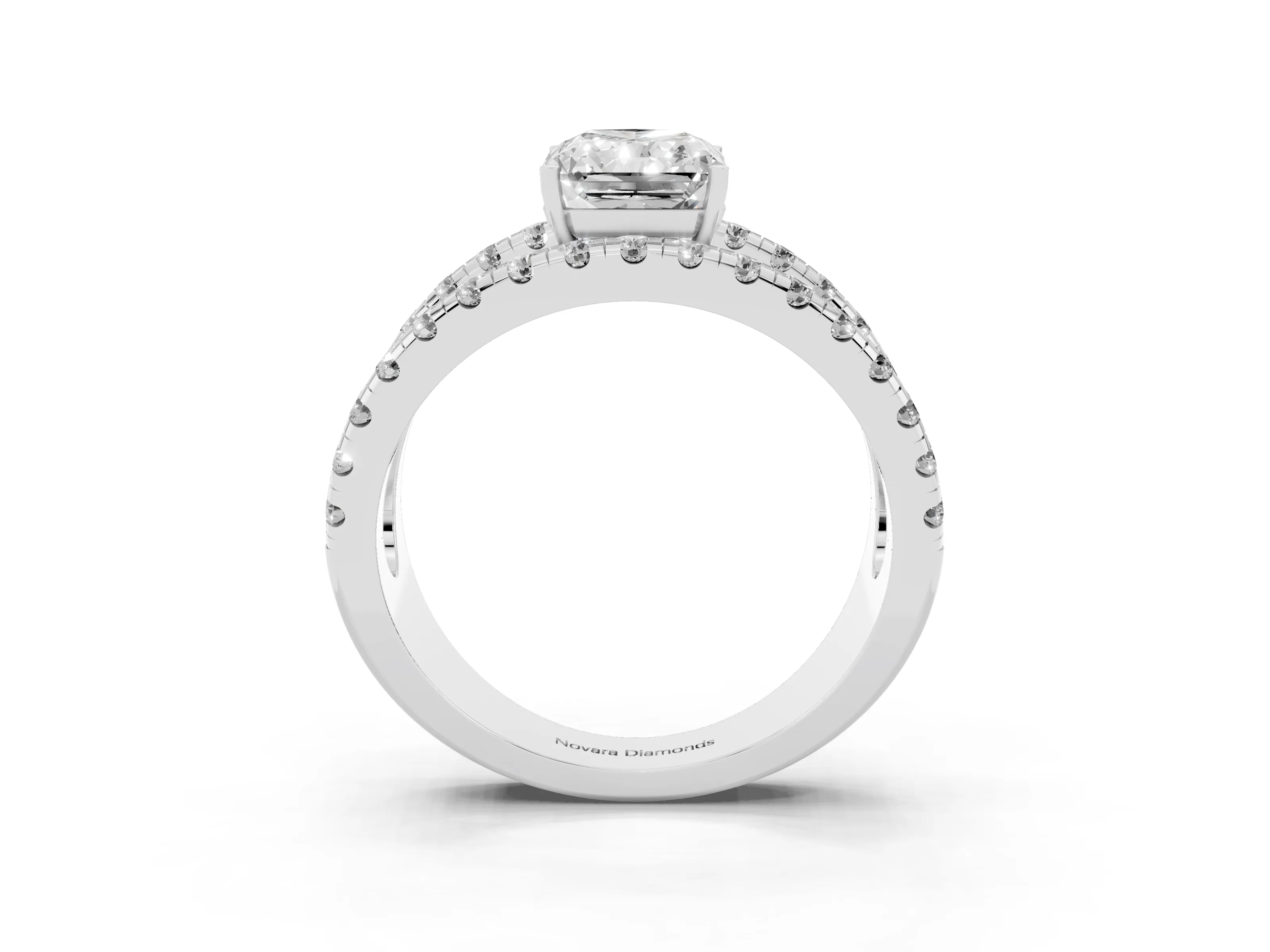 Radiant Cut Diamond Split Shank Pavé Solitaire Ring Set in Platinum with Open Shank Design