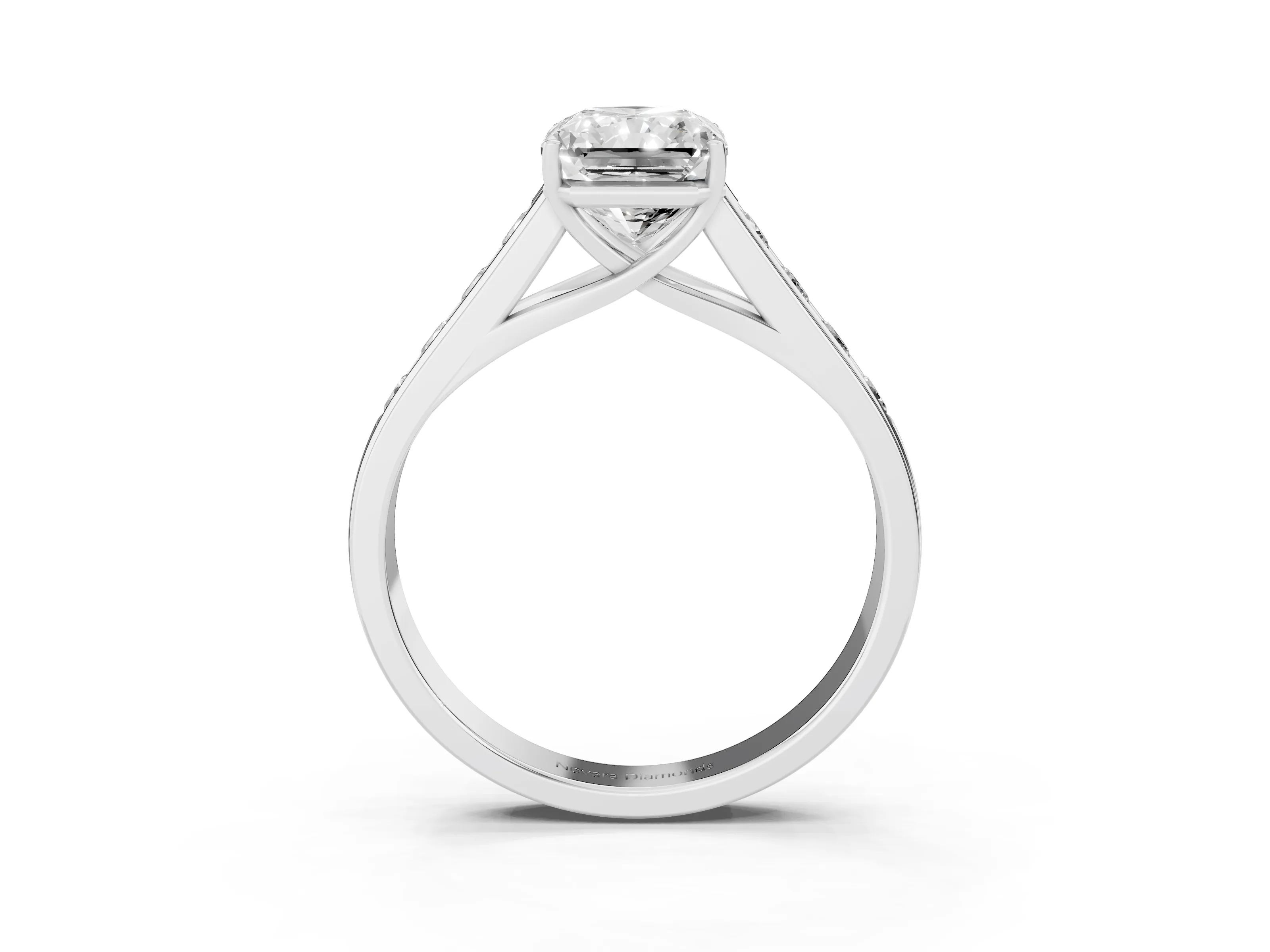 Radiant Cut Diamond Brilliant Channel-Set Solitaire Ring Set in White gold with Prong Setting