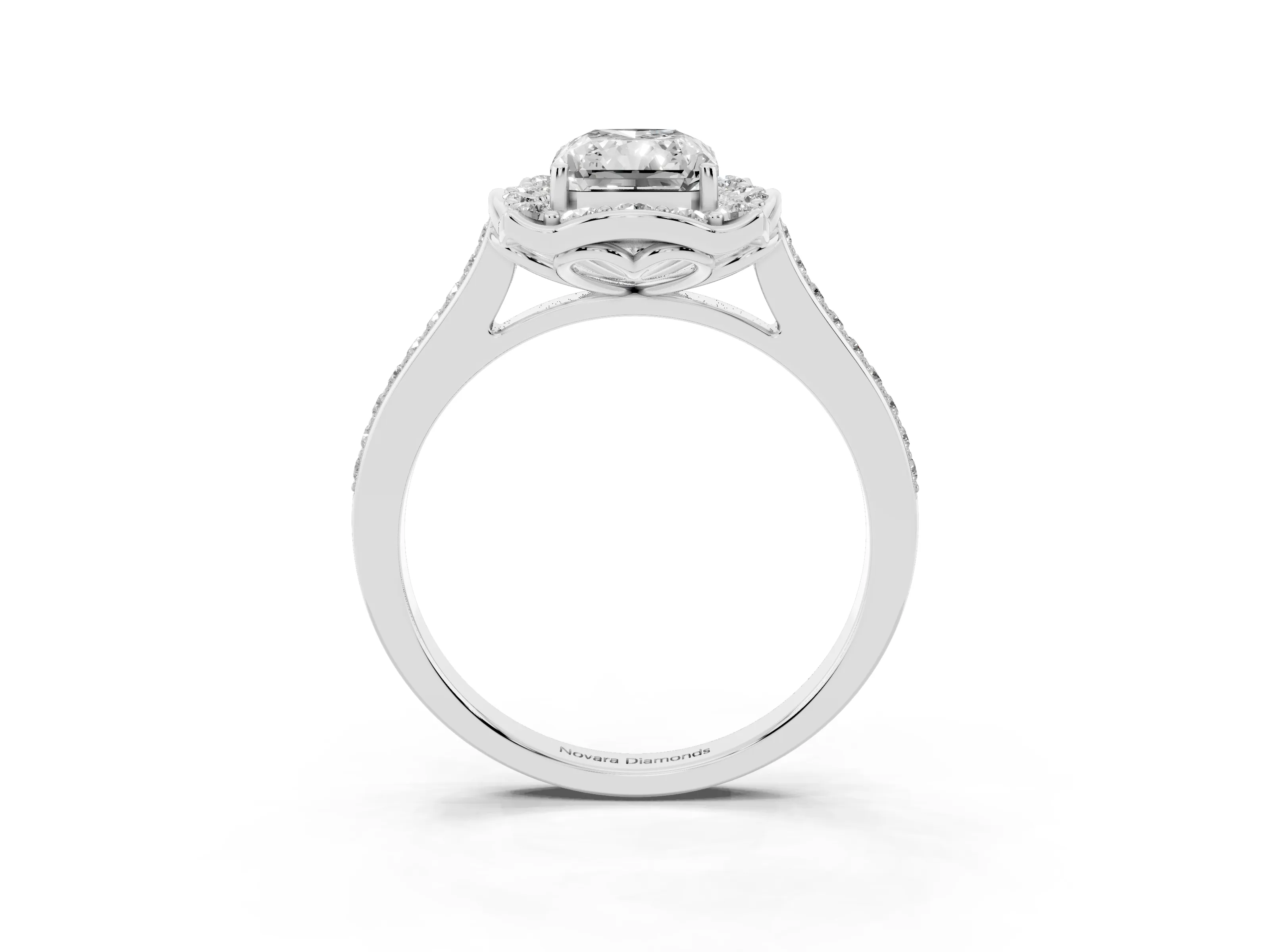 Radiant Cut Diamond Halo Ring Set in Silver with Pavé-Lined Shoulders and Prong Setting