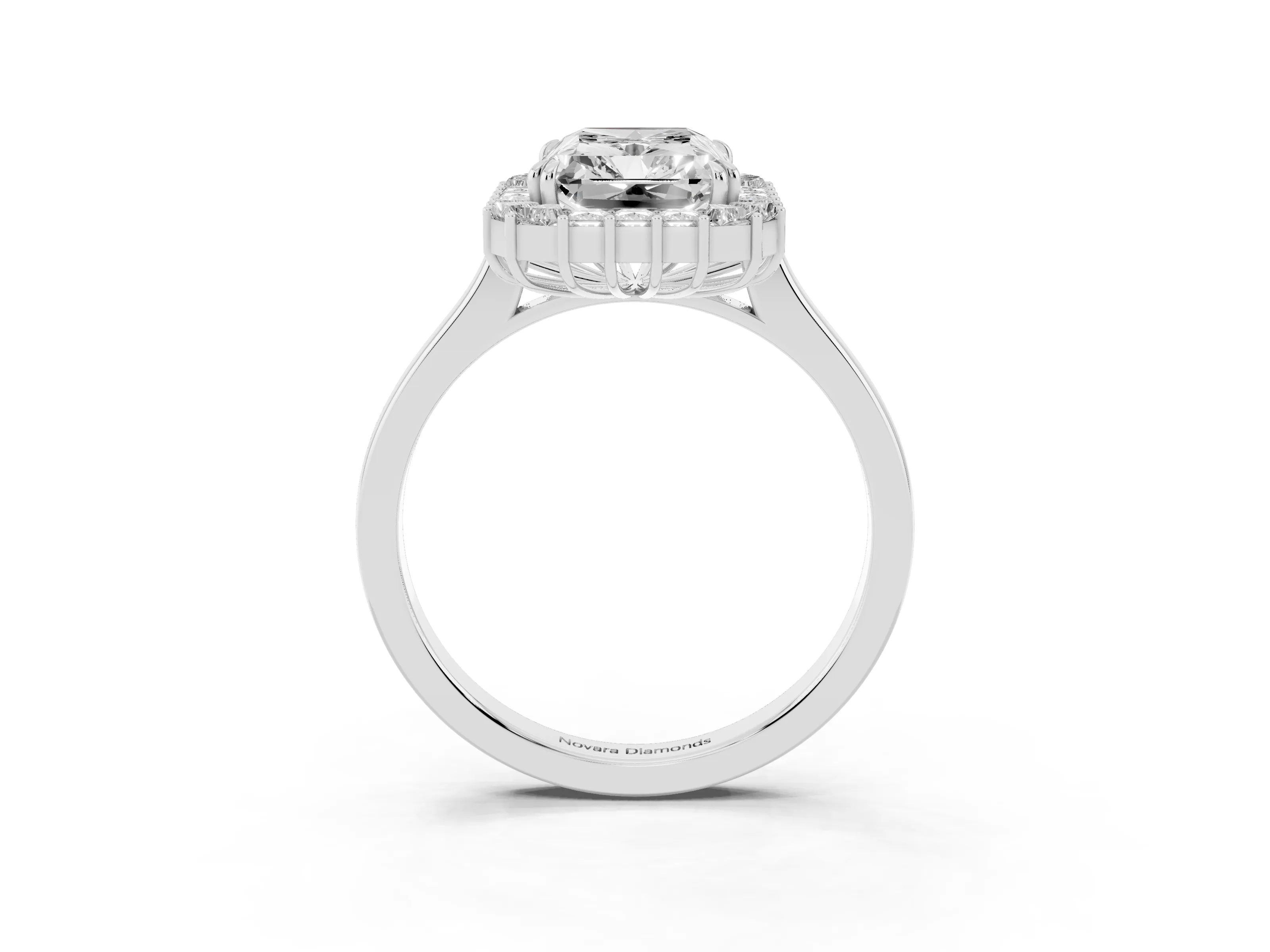 Radiant Diamond Baguette Halo Ring Set in Platinum with Round Accents and Slim Band