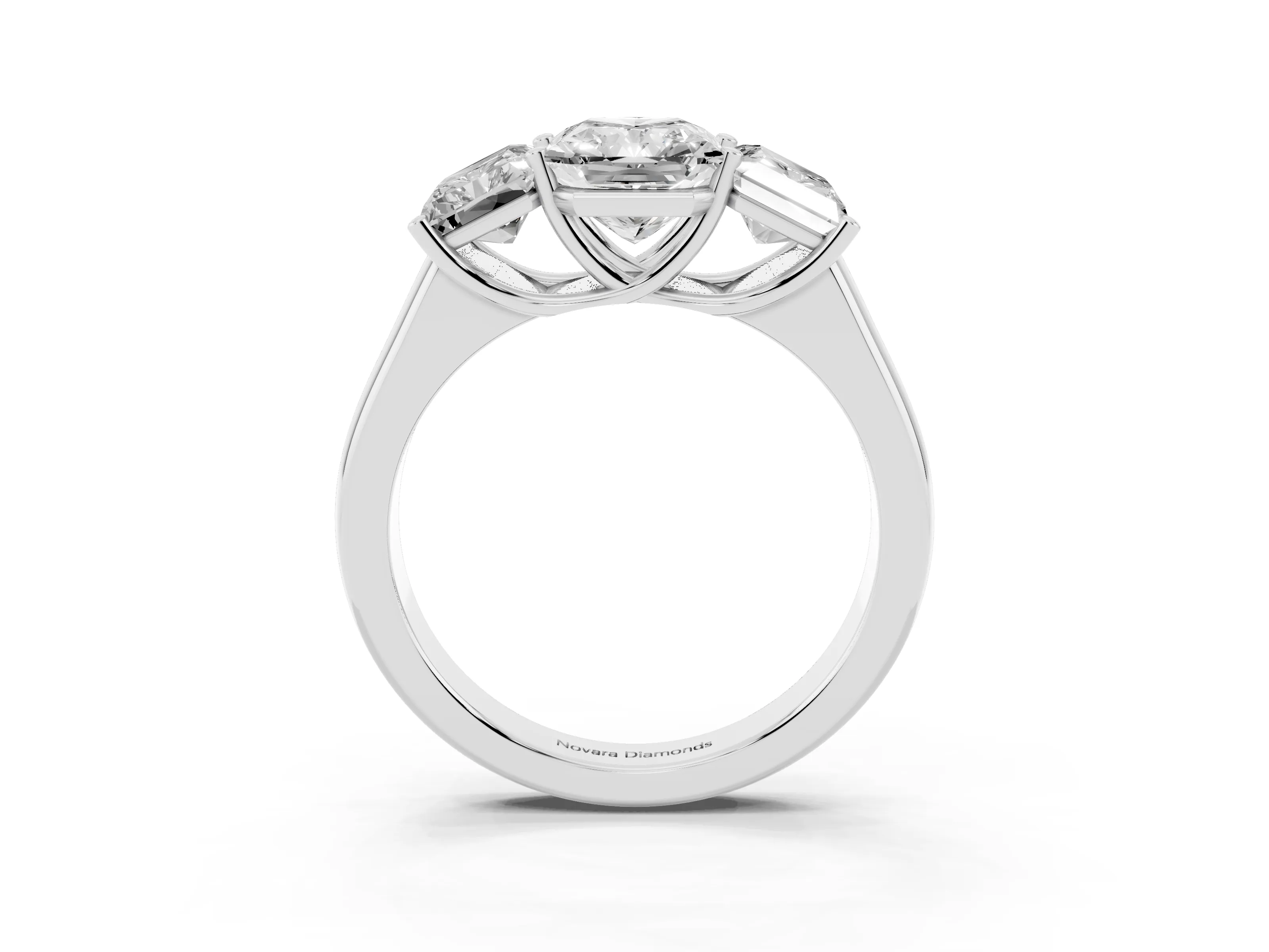 Radiant Cut Diamond Three-Stone Ring Set in White gold with Plain Polished Band